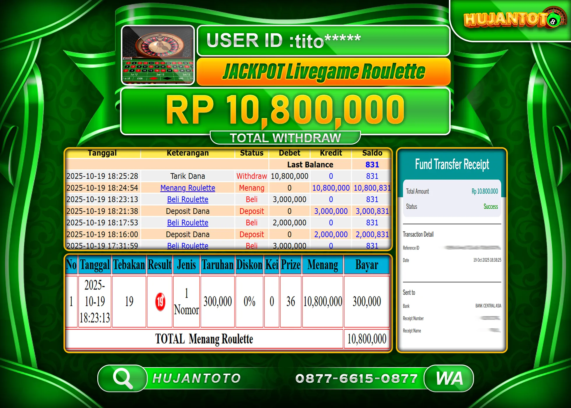 HUJANTOTO - BUKTI JACKPOT MENANG LIVE GAMES ROULETTE Rp.10,800,000 - TERBAYAR LUNAS