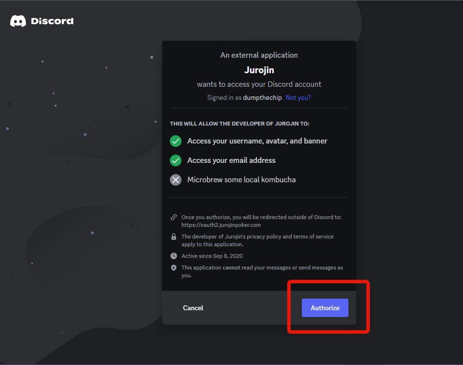 Authorize Discord to connect with Jurojin