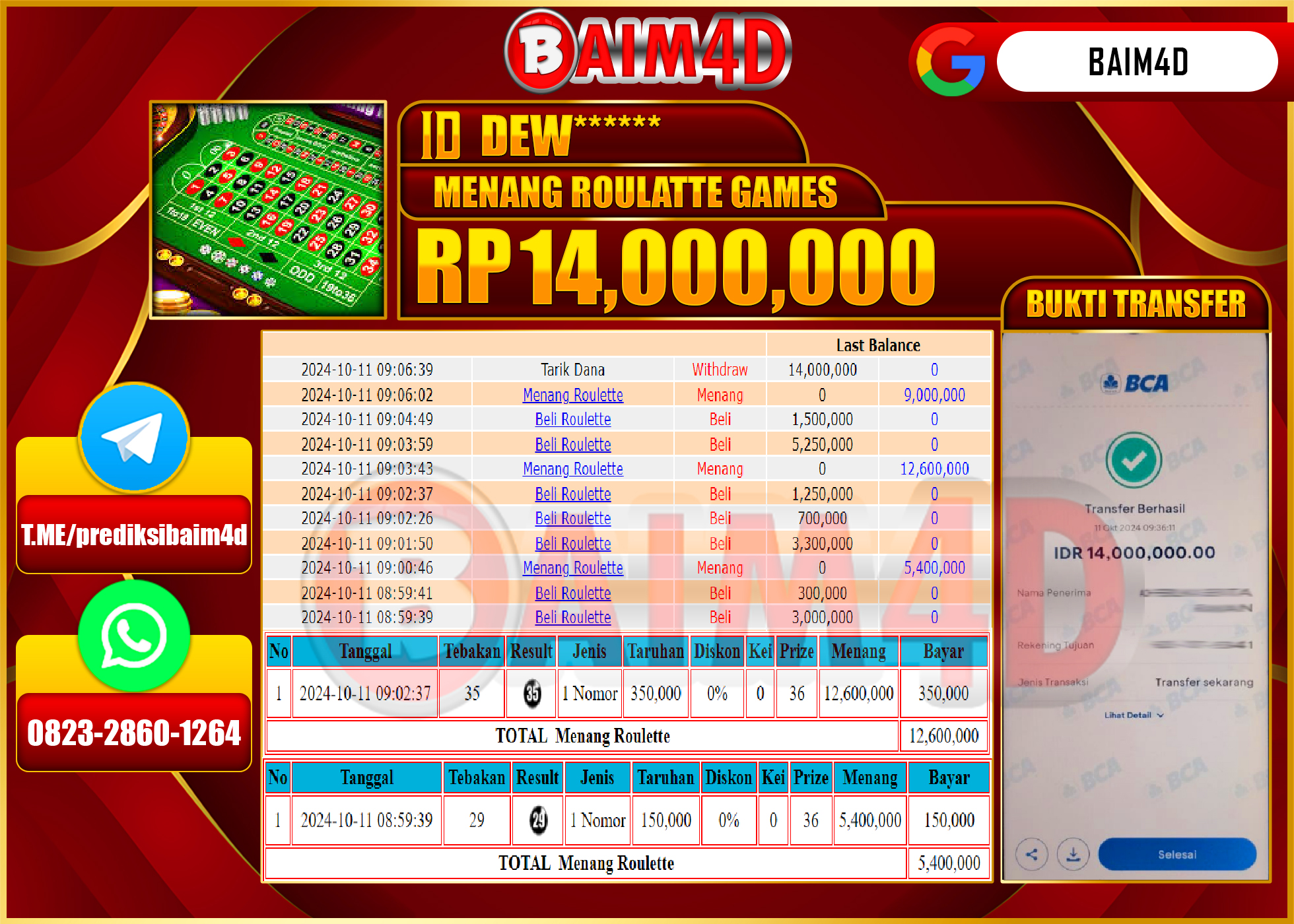 BAIM4D JACKPOT PERMAINAN Roulette Rp.14,000,000.- LUNAS