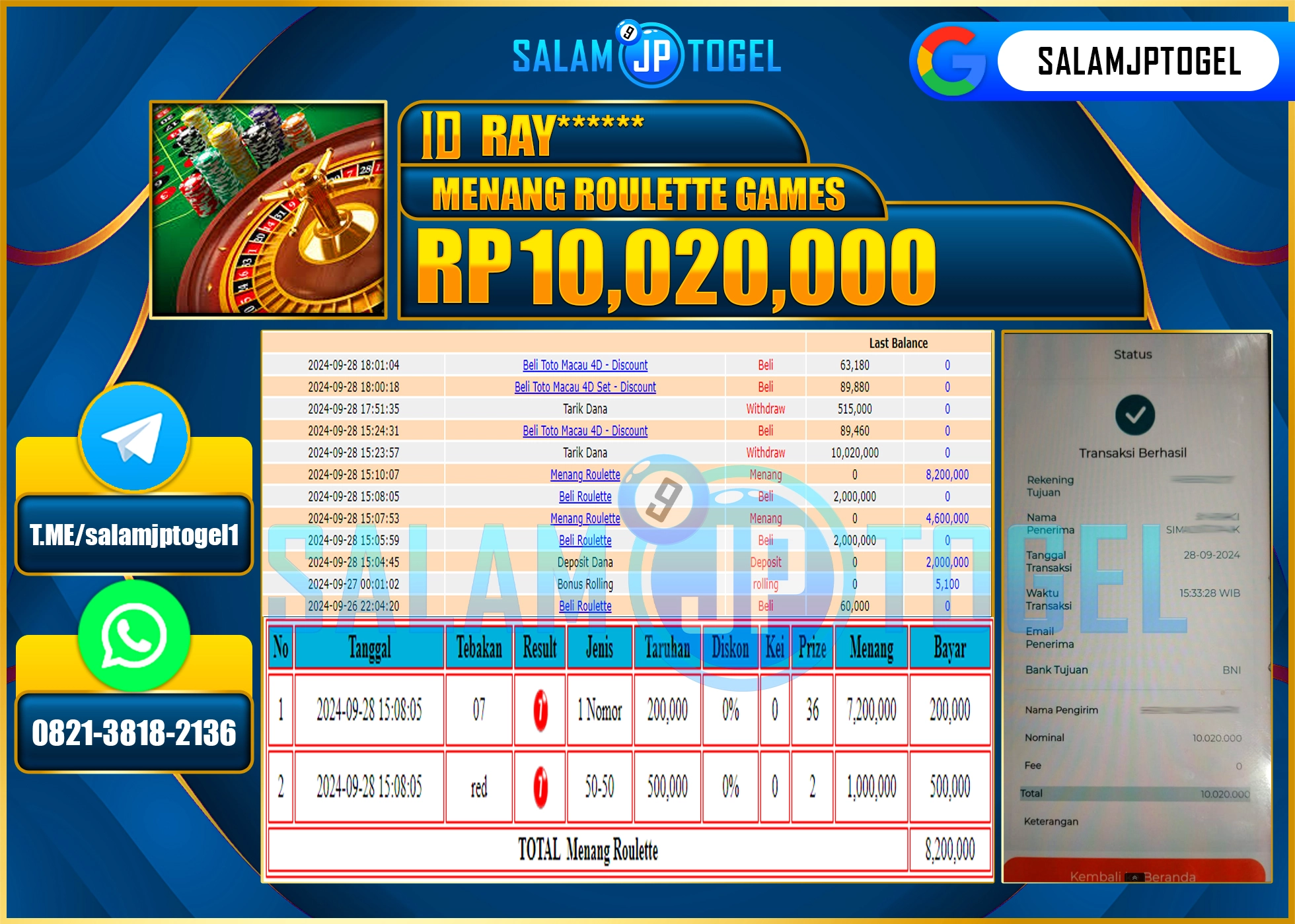 SALAMJPTOGEL MENANG Menang Roulette 2  RP. 10,020,000 LUNAS