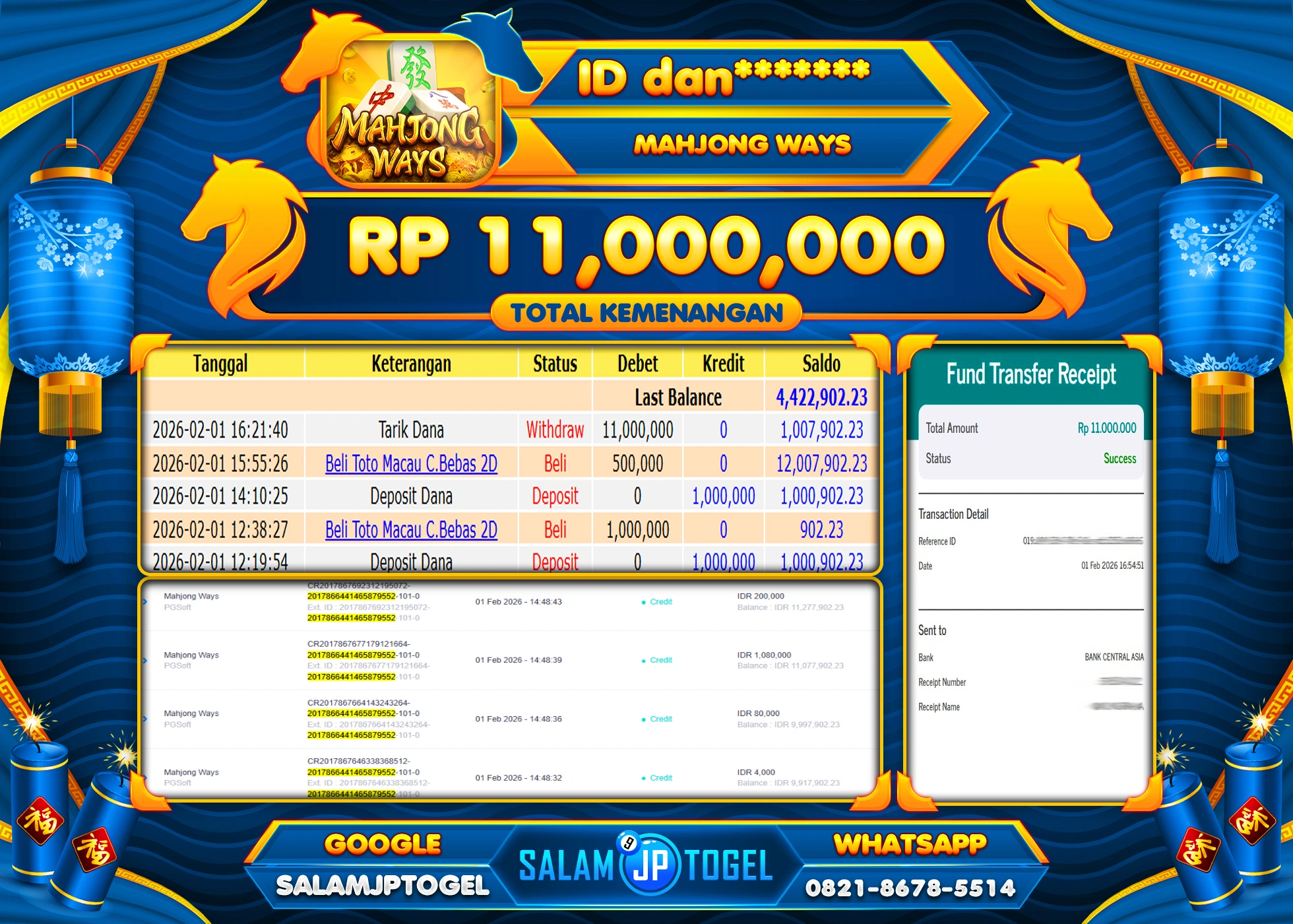 SALAMJPTOGEL JACKPOT MAHJONG WAYS Rp.11,000,000 - LUNAS