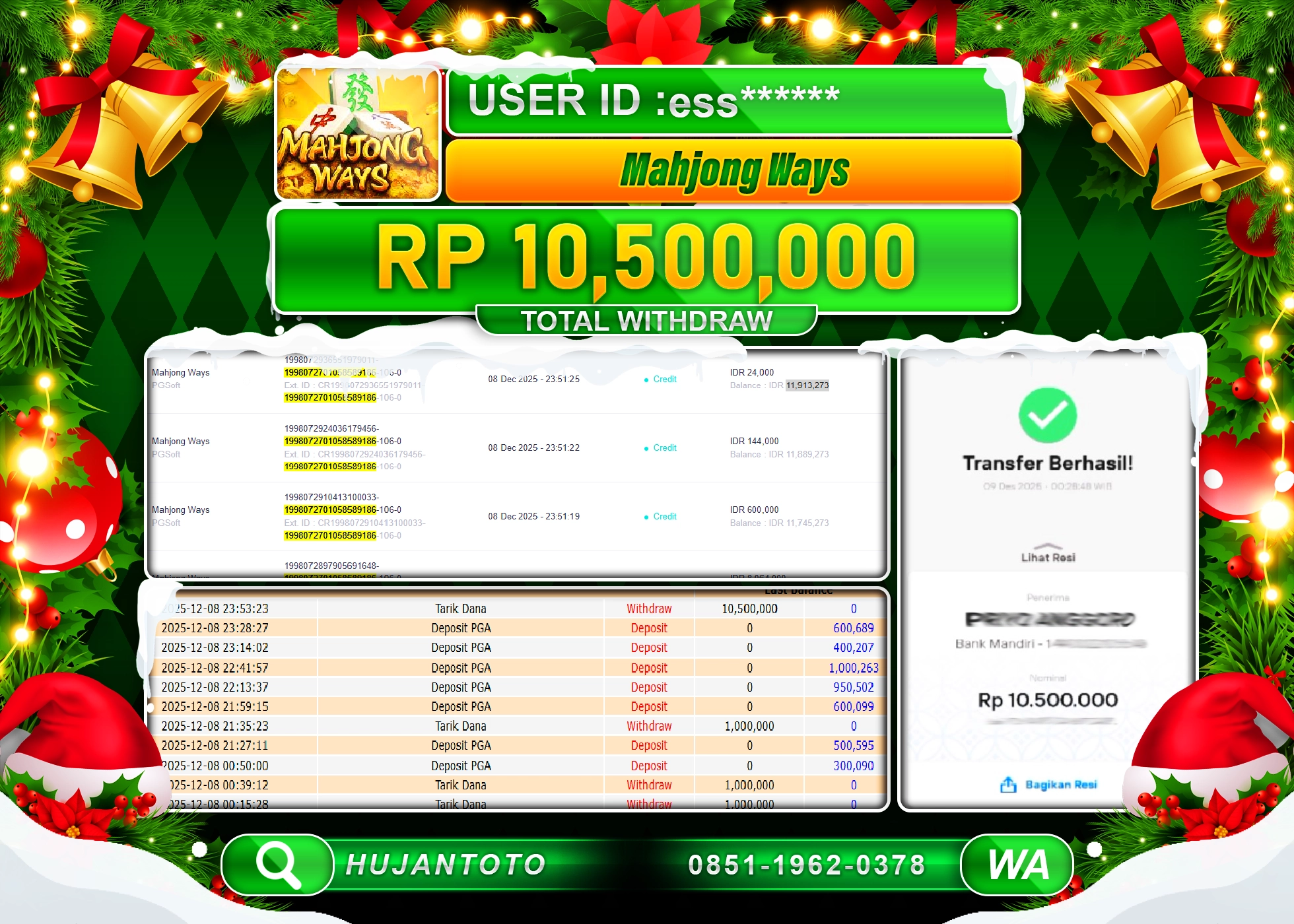 HUJANTOTO - BUKTI JACKPOT MENANG SLOT MAHJONG WAYS Rp.10,500,000 - TERBAYAR LUNAS