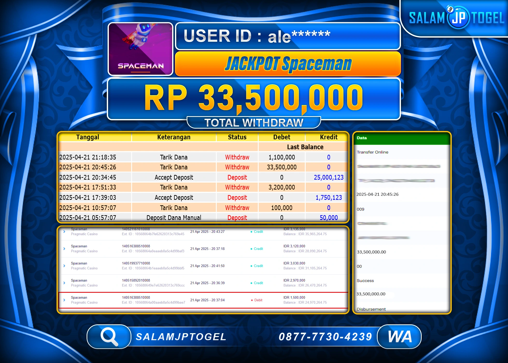 SALAMJPTOGEL MENANG SPACEMAN Rp.33,500,000 LUNAS
