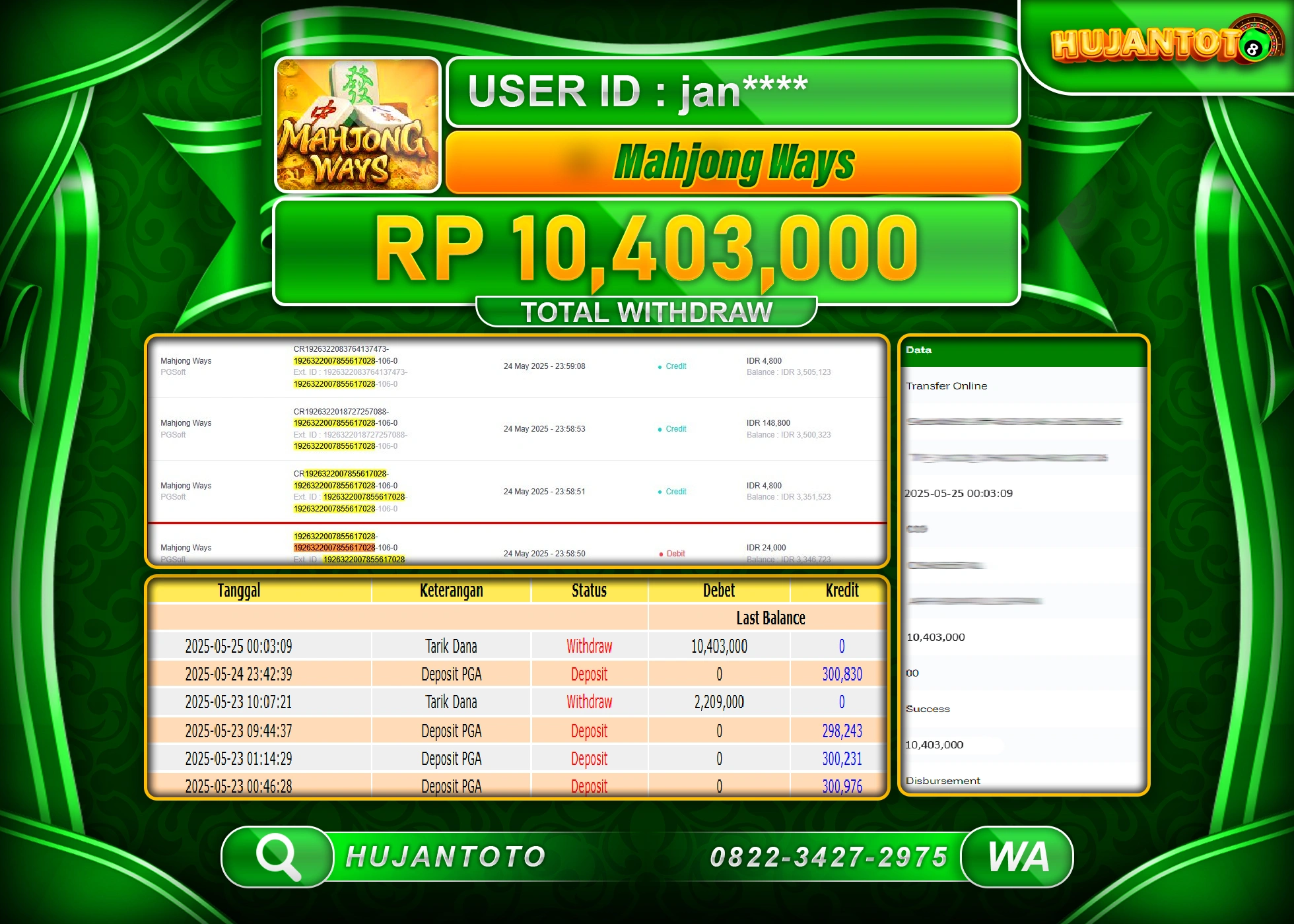 HUJANTOTO - BUKTI JACKPOT MENANG SLOT MAHJONG WAYS GAMES Rp.10,403,000 - TERBAYAR LUNAS
