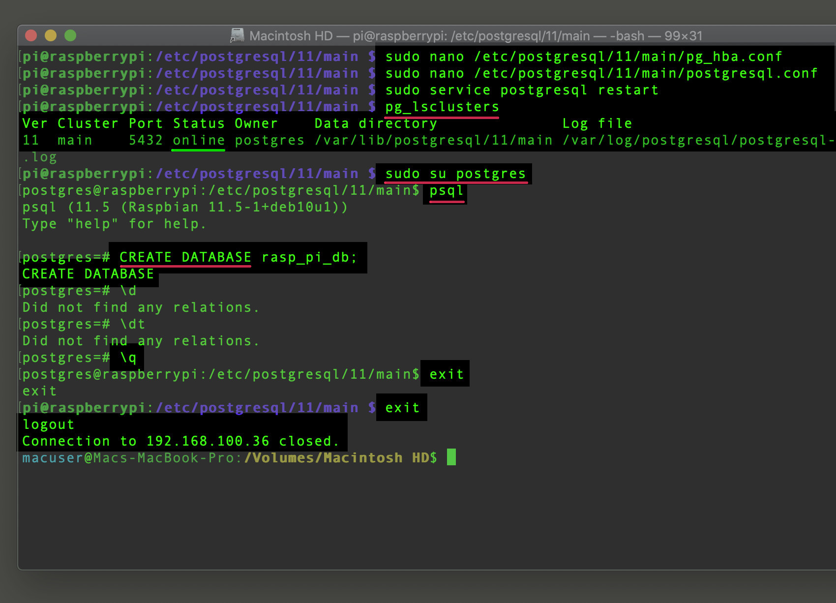 Screenshot of PostgreSQL Raspberry Pi pg_lsclusters su postgres create database Raspbian