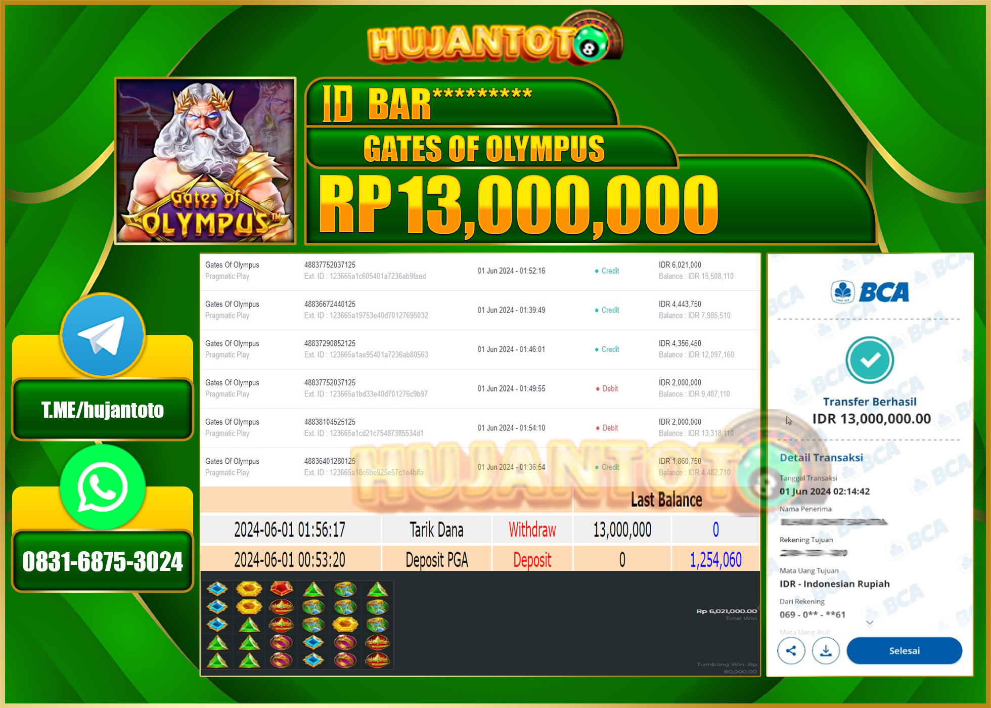 HUJANTOTO MENANG DI SLOT GATES OF OLYMPUS 13,000,000 - LUNAS