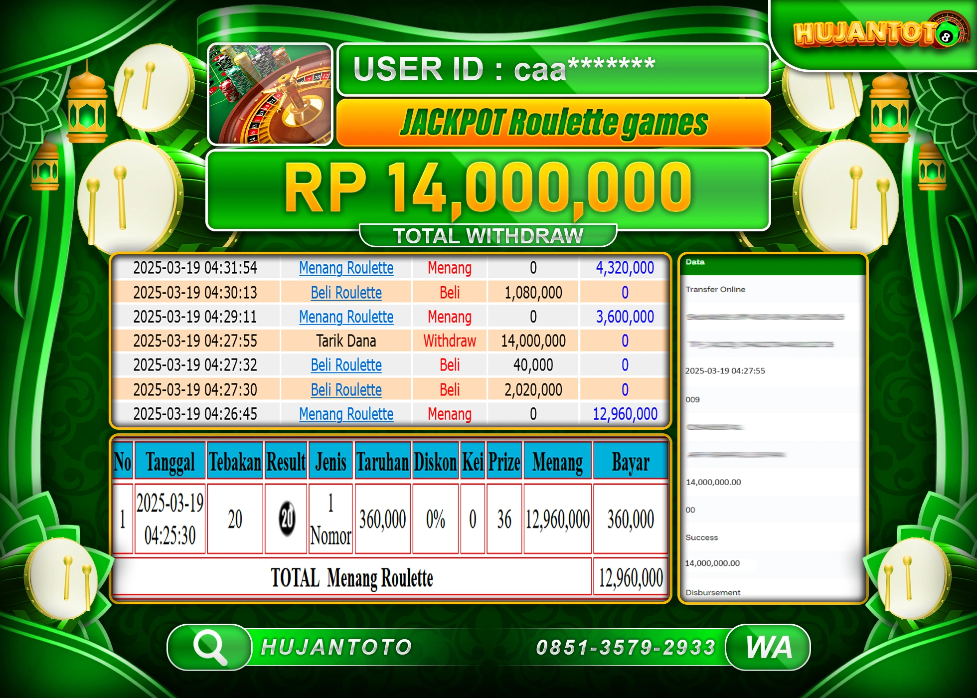 HUJANTOTO - BUKTI JACKPOT MENANG LIVE GAMES ROULETTE GAMES Rp,14,000,000 - TERBAYAR LUNAS