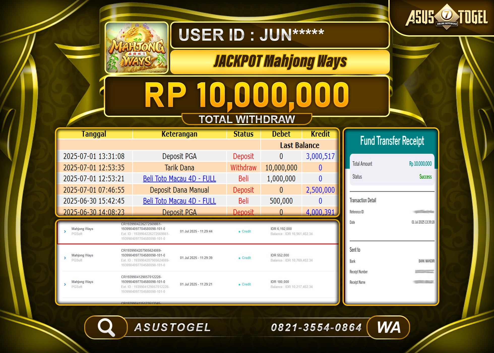 ASUSTOGEL KEMENANGAN DI SLOT MAHJONG WAYS GAMES SEBESAR 10,000,000- RUPIAH LUNAS