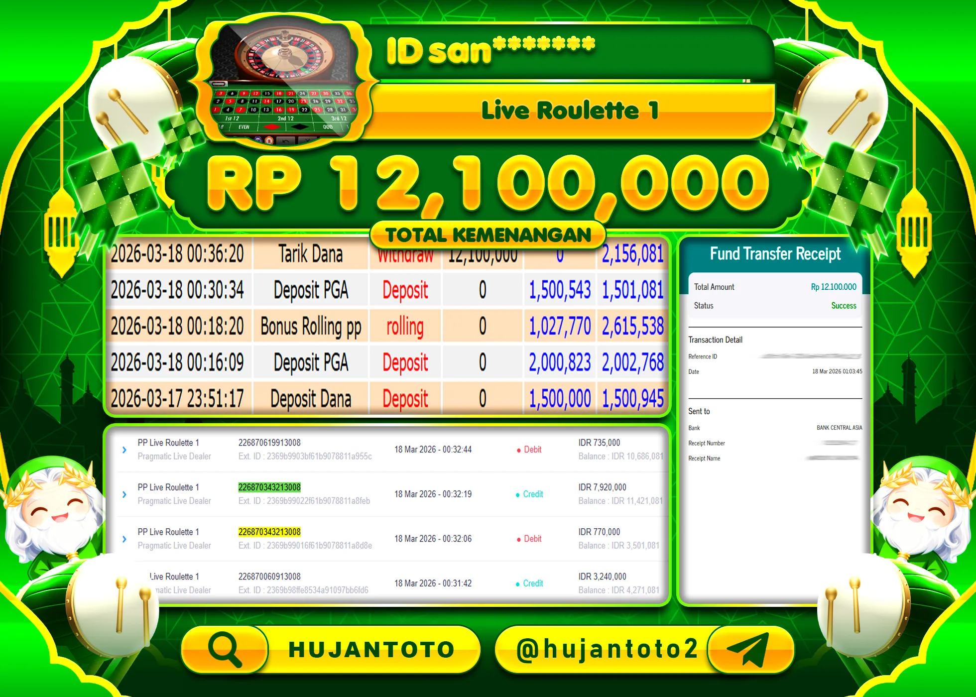 HUJANTOTO - BUKTI JACKPOT MENANG LIVEGAME LIVE ROULETTE 1 Rp.12,100,000 - TERBAYAR LUNAS