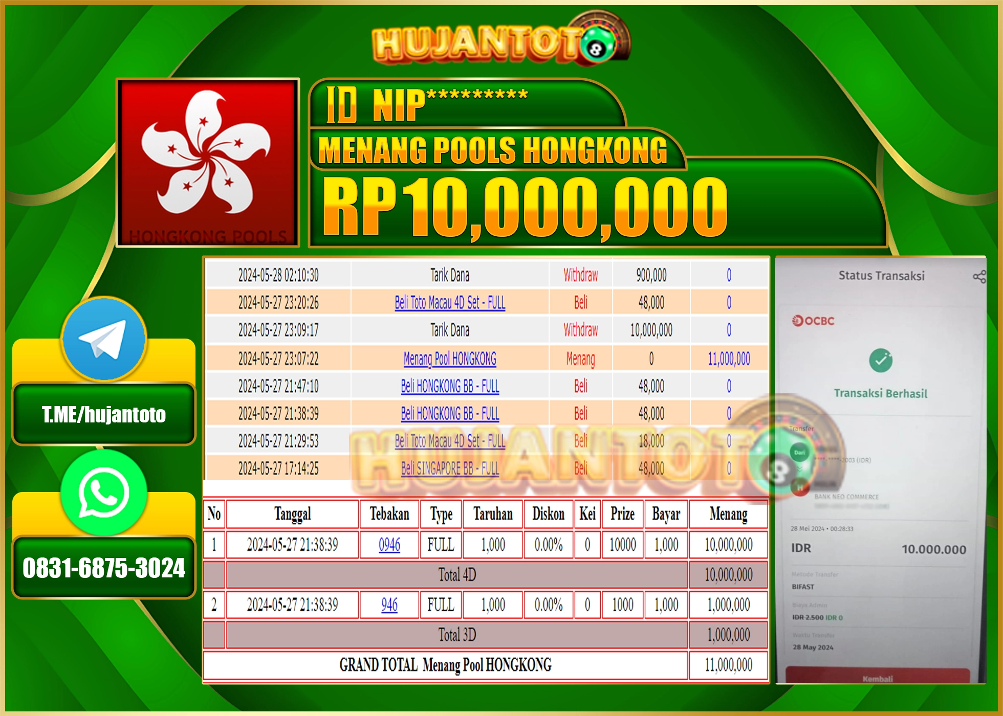 HUJANTOTO MENANG TOGEL HONGKONG 10,000,000 - LUNAS 