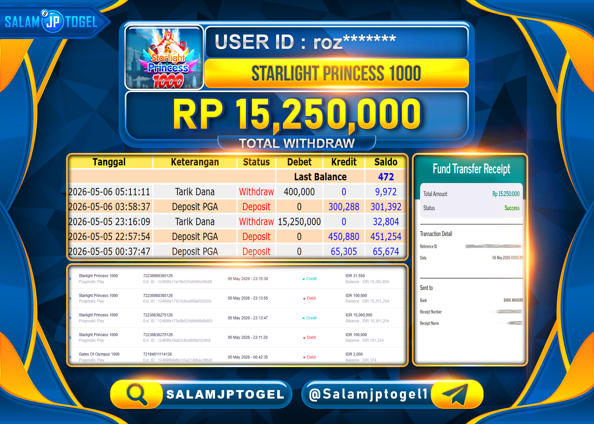 SALAMJPTOGEL MENANG Starlight Princess (Pragmatic Play) Rp.15,250,000- LUNAS