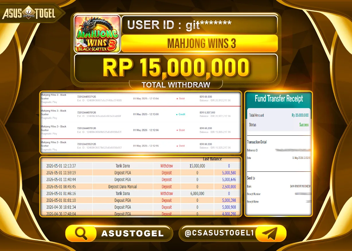 ASUSTOGEL - BUKTI JACKPOT MENANG SLOT MAHJONG WINS 3 Rp.15,000,000 - TERBAYAR LUNAS