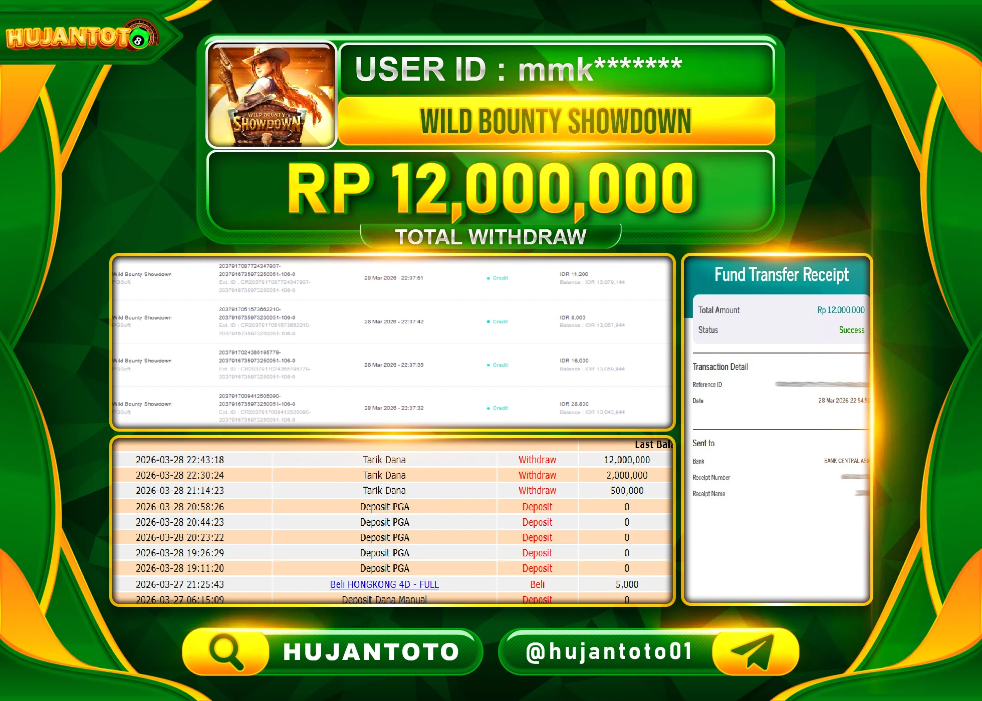 HUJANTOTO - BUKTI JACKPOT MENANG SLOT WILD BOUNTY SHOWDOWN Rp.12,000,000 - TERBAYAR LUNAS