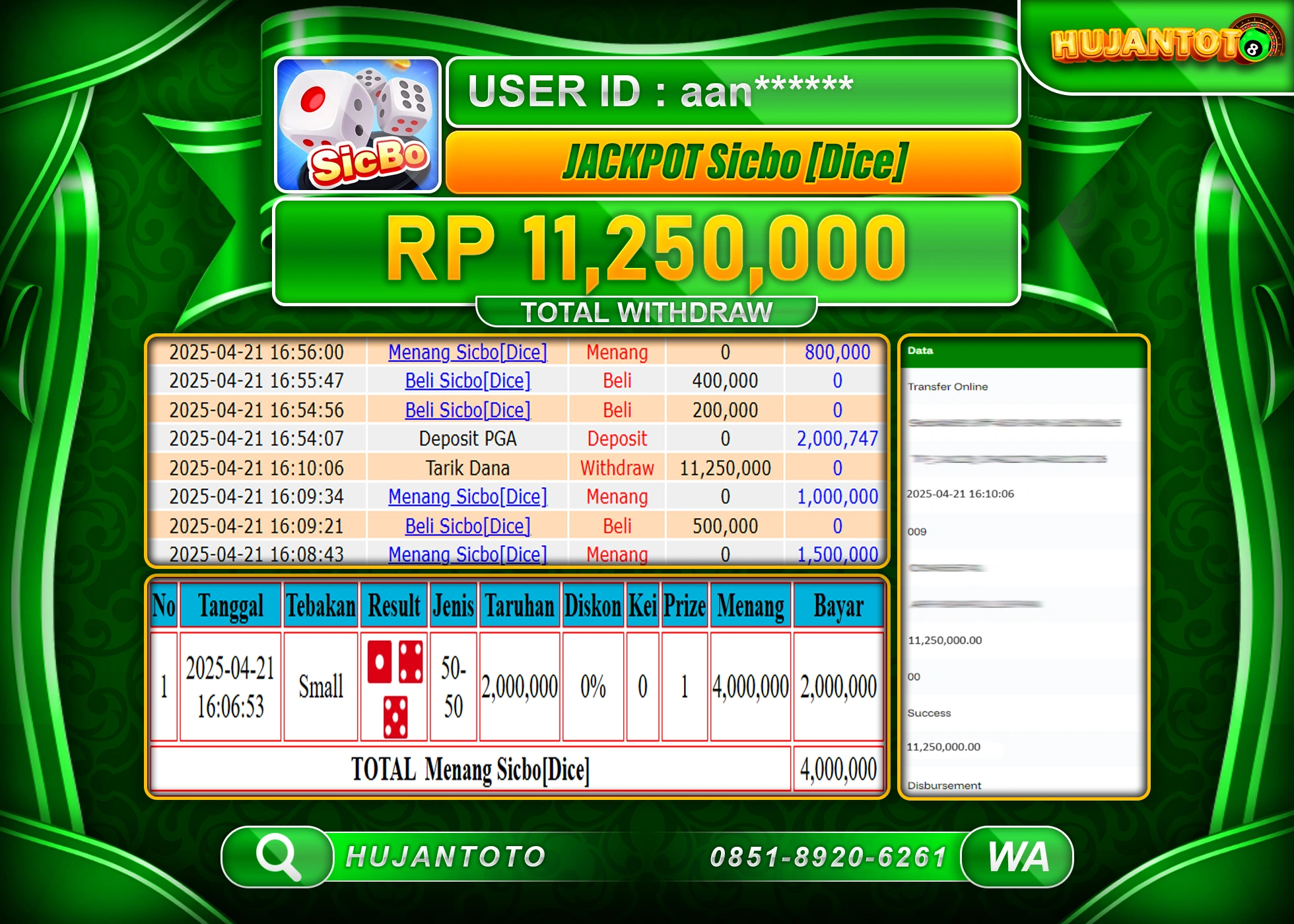 HUJANTOTO - BUKTI JACKPOT MENANG LIVEGAMES SICBO DICE Rp,11,250,000 - TERBAYAR LUNAS