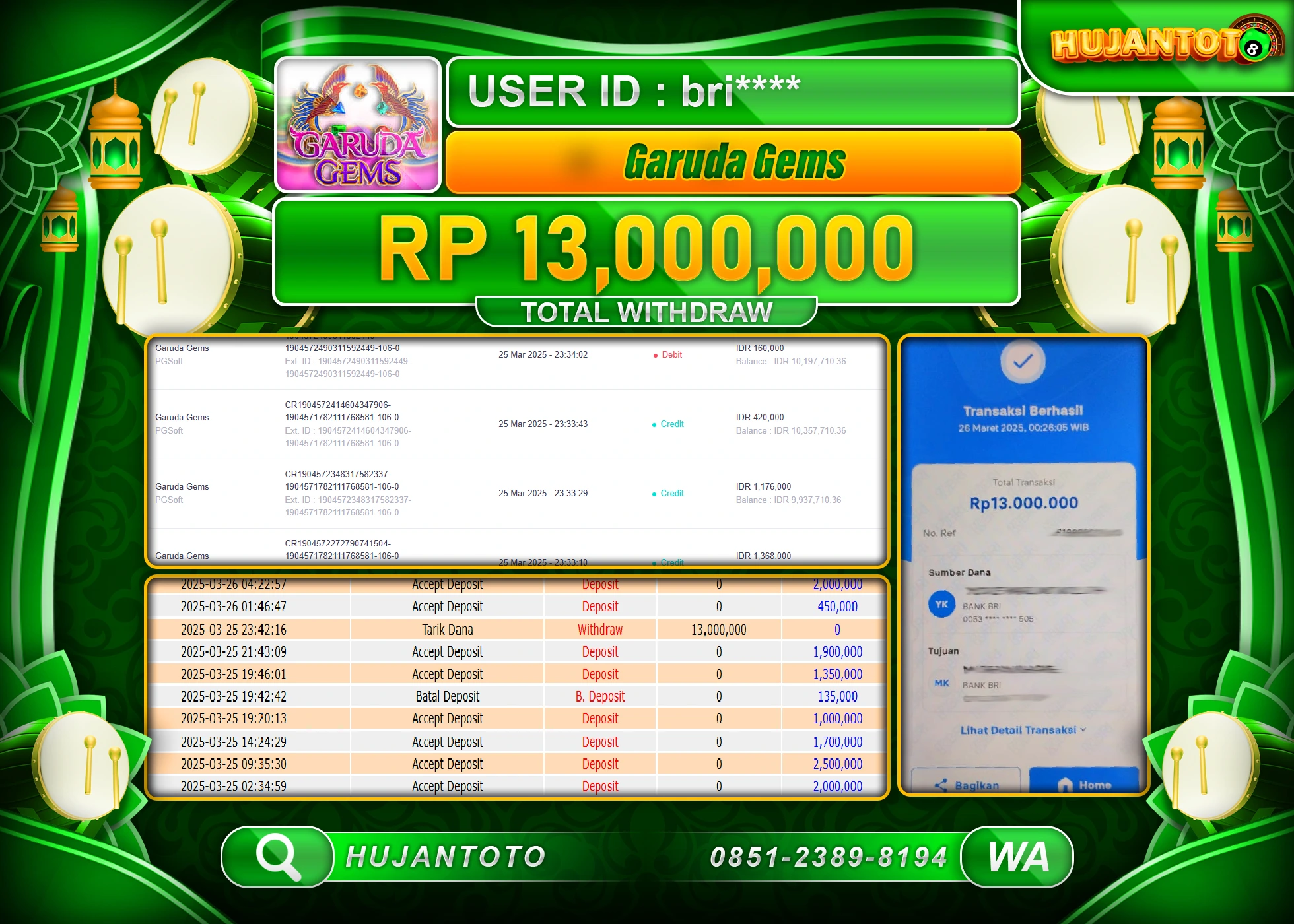 HUJANTOTO - BUKTI JACKPOT MENANG SLOT GARUDA GEMS PG SOFT Rp,13,000,000 - TERBAYAR LUNAS