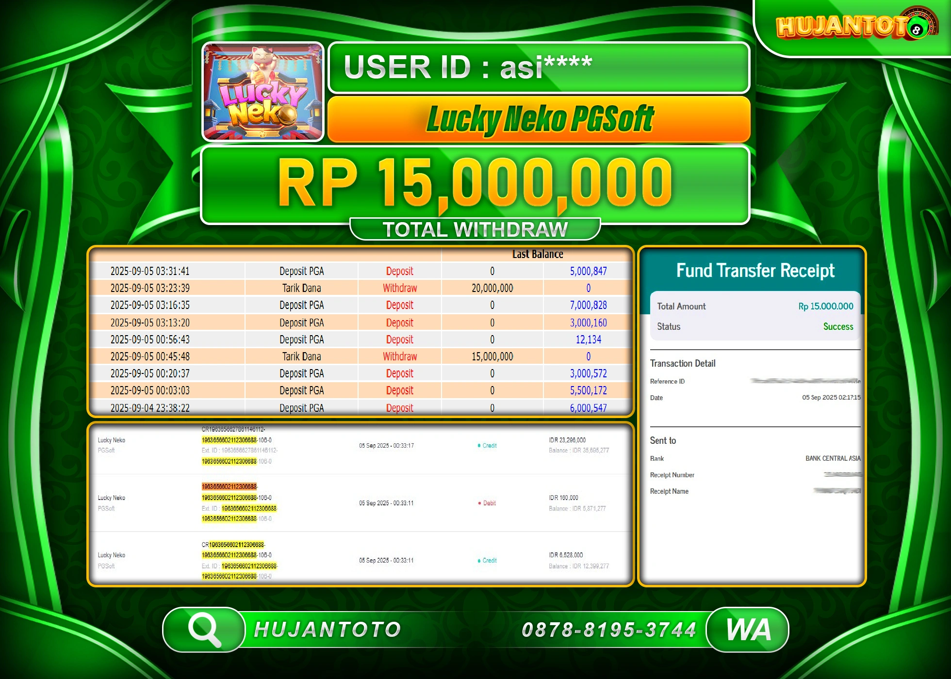 HUJANTOTO - BUKTI JACKPOT MENANG SLOT LUCKY NEKO PGSOFT Rp.15,000,000 - TERBAYAR LUNAS