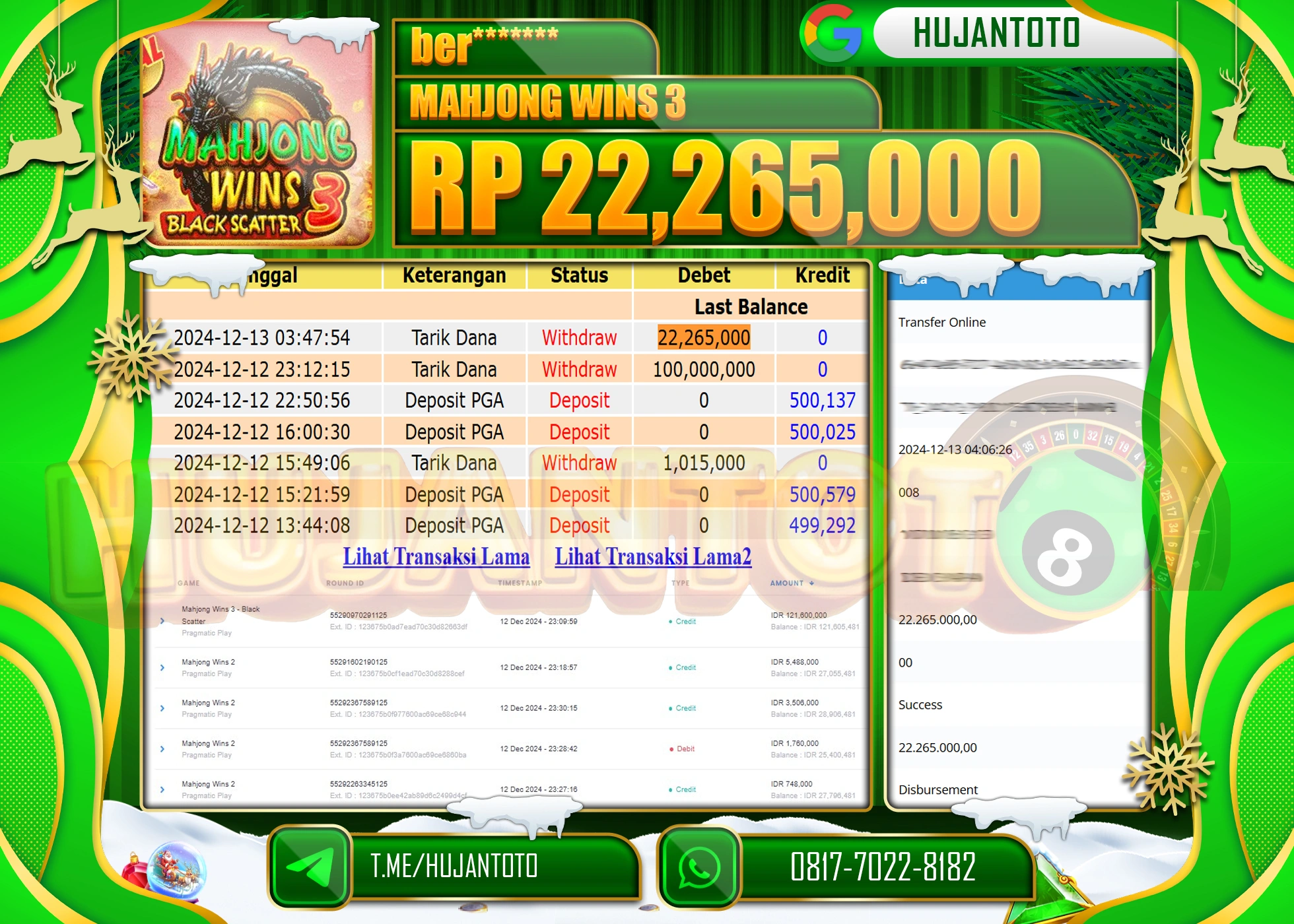 HUJANTOTO KEMENANGAN BESAR YANG DI RAIH DI PERMAINAN SLOT MAHJONG WINS 3 BLACK SCATTER SEBESAR   - 22,265,000 - TERBAYAR LUNAS