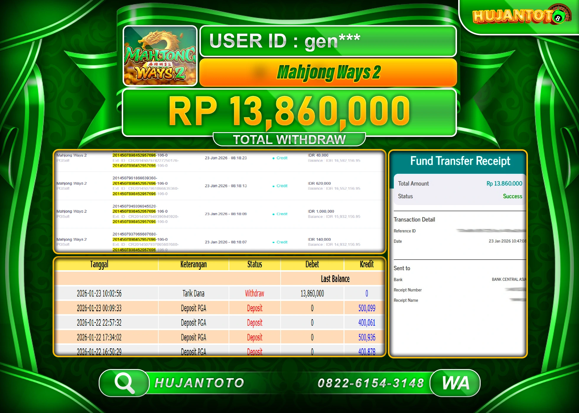 HUJANTOTO - BUKTI JACKPOT MENANG SLOT MAHJONG WAYS 2 Rp.13,860,000 - TERBAYAR LUNAS