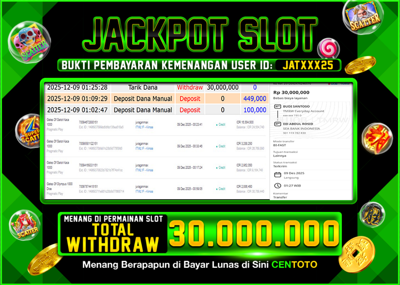 BUKTI JACKPOT SLOT CENTOTO  RP.30.000.000,-LUNAS
