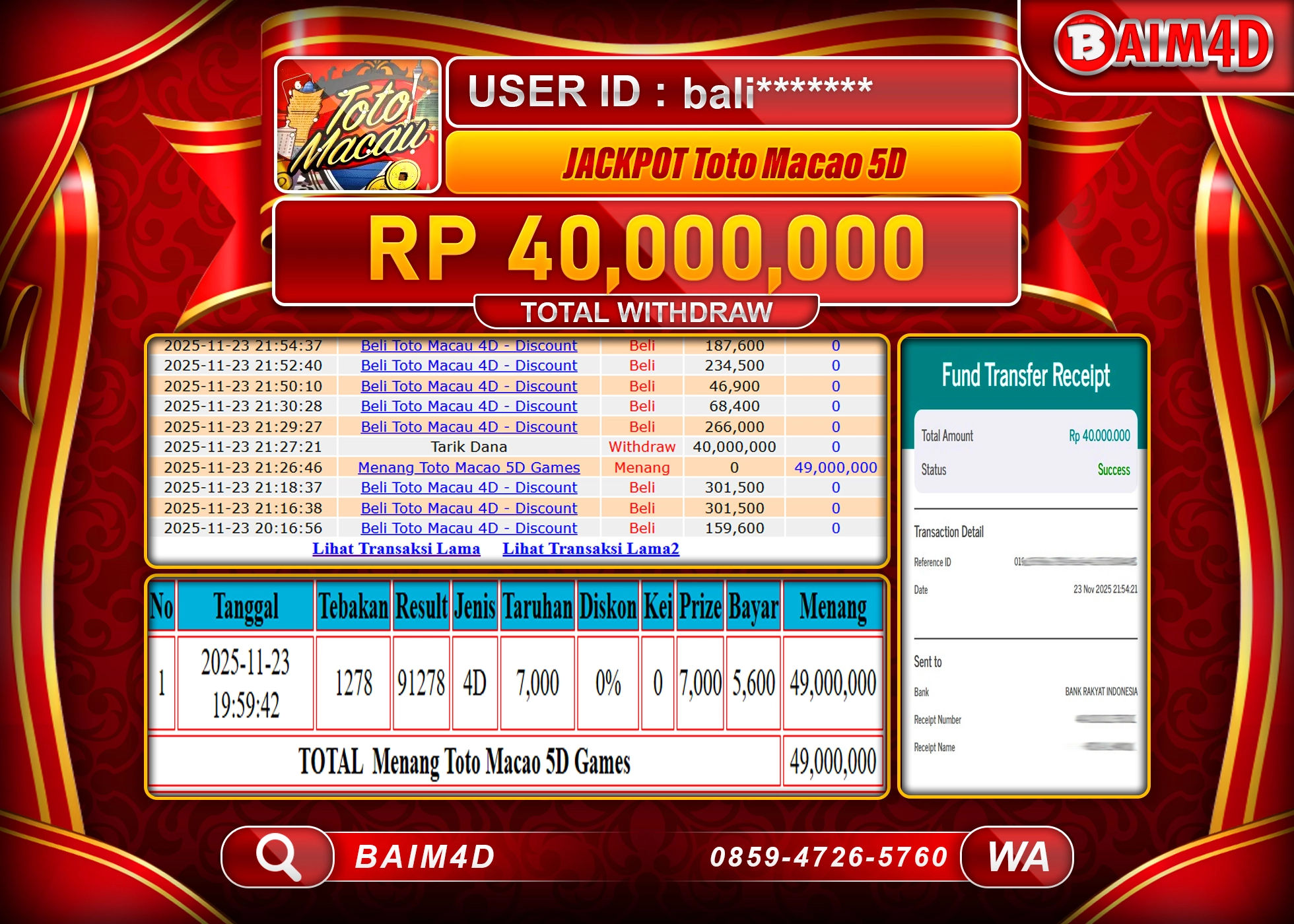 BAIM4D JACKPOT TOGEL TOTO MACAU 5D GAMES Rp.40,000,000 - LUNAS
