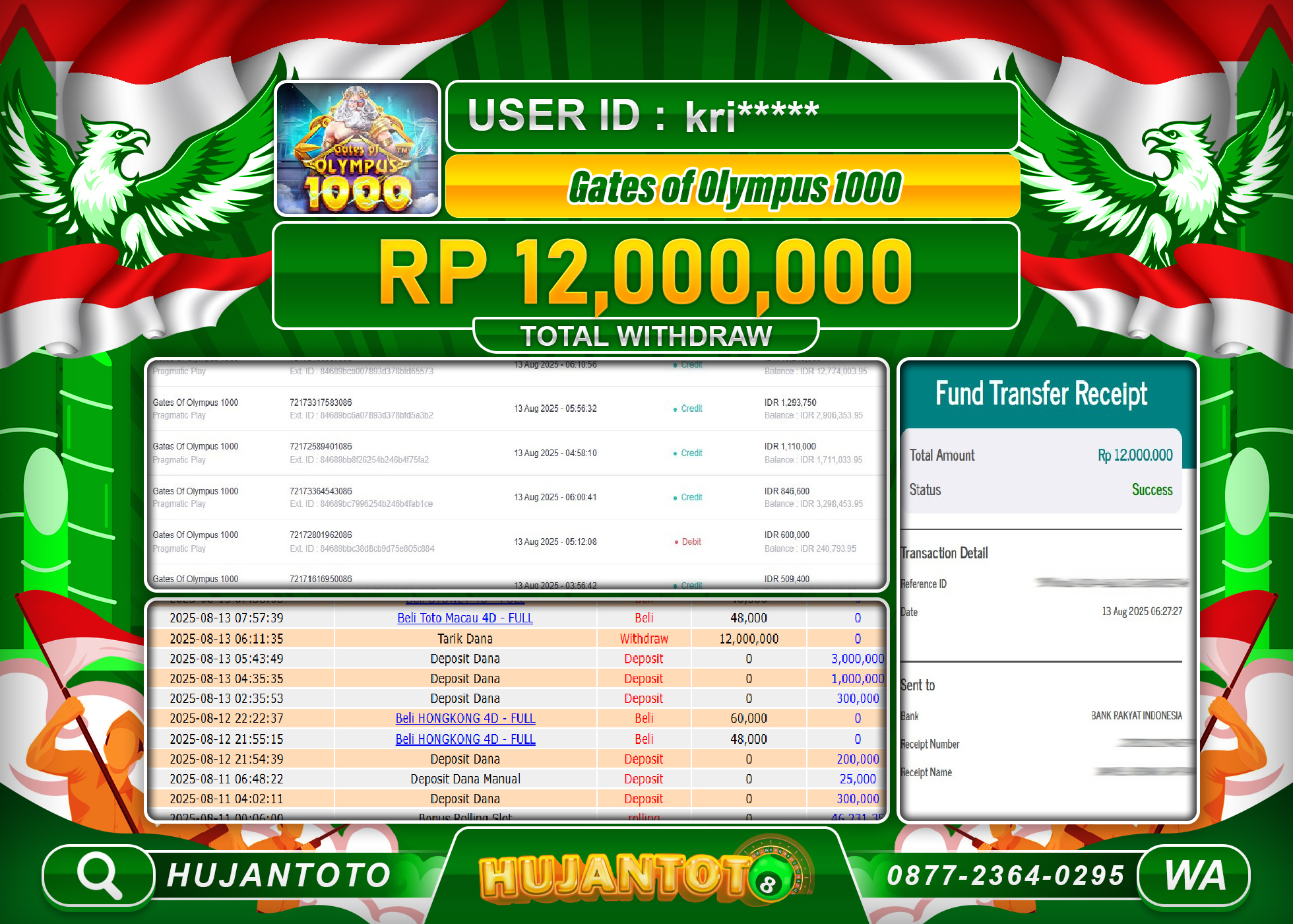 HUJANTOTO - BUKTI JACKPOT MENANG SLOT GATES OF OLYMPUS 1000 Rp.12,000,000 - TERBAYAR LUNAS