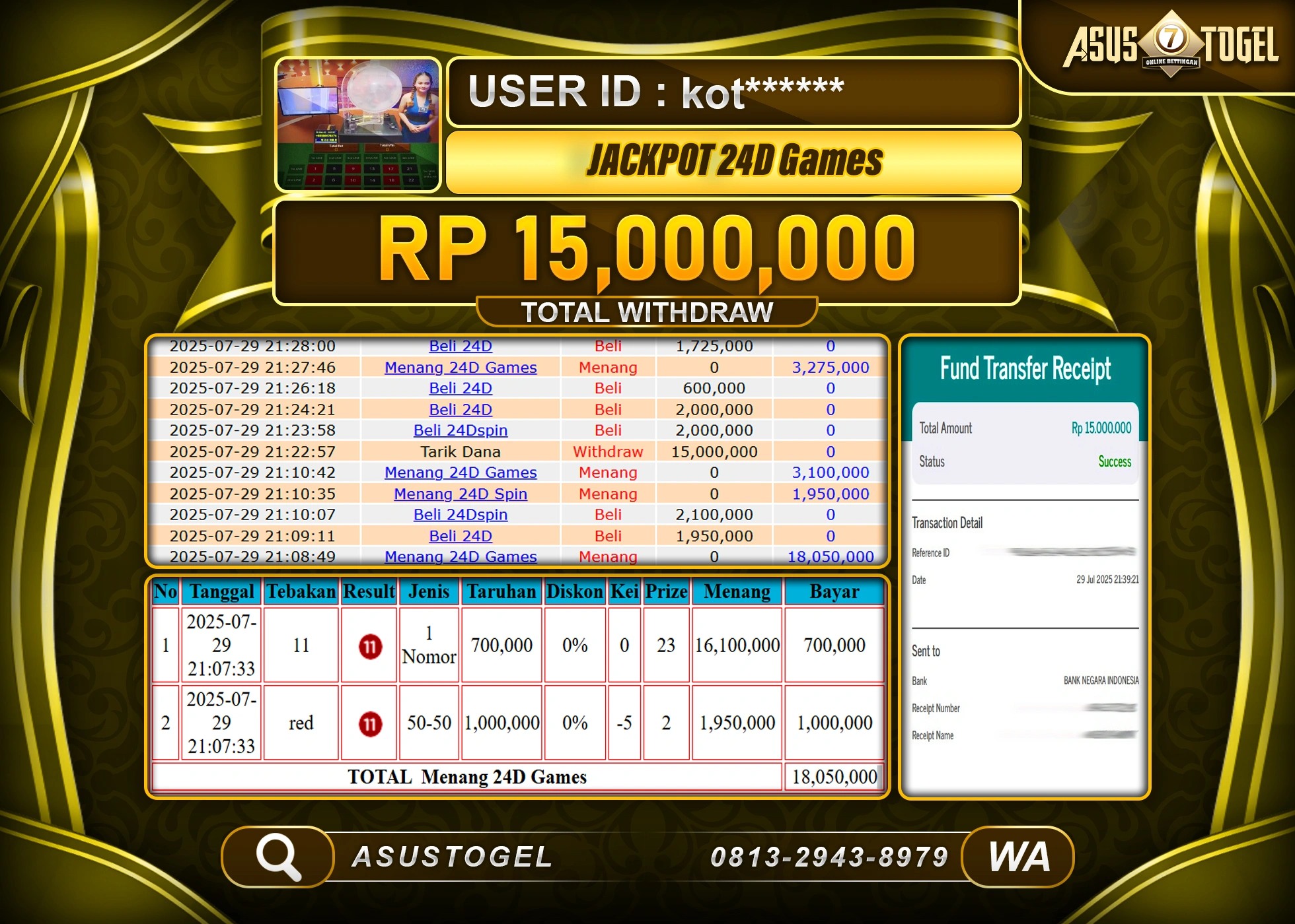 ASUSTOGEL KEMENANGAN DI LIVEGAMES 24D GAMES SEBESAR 15,000,000- RUPIAH LUNAS