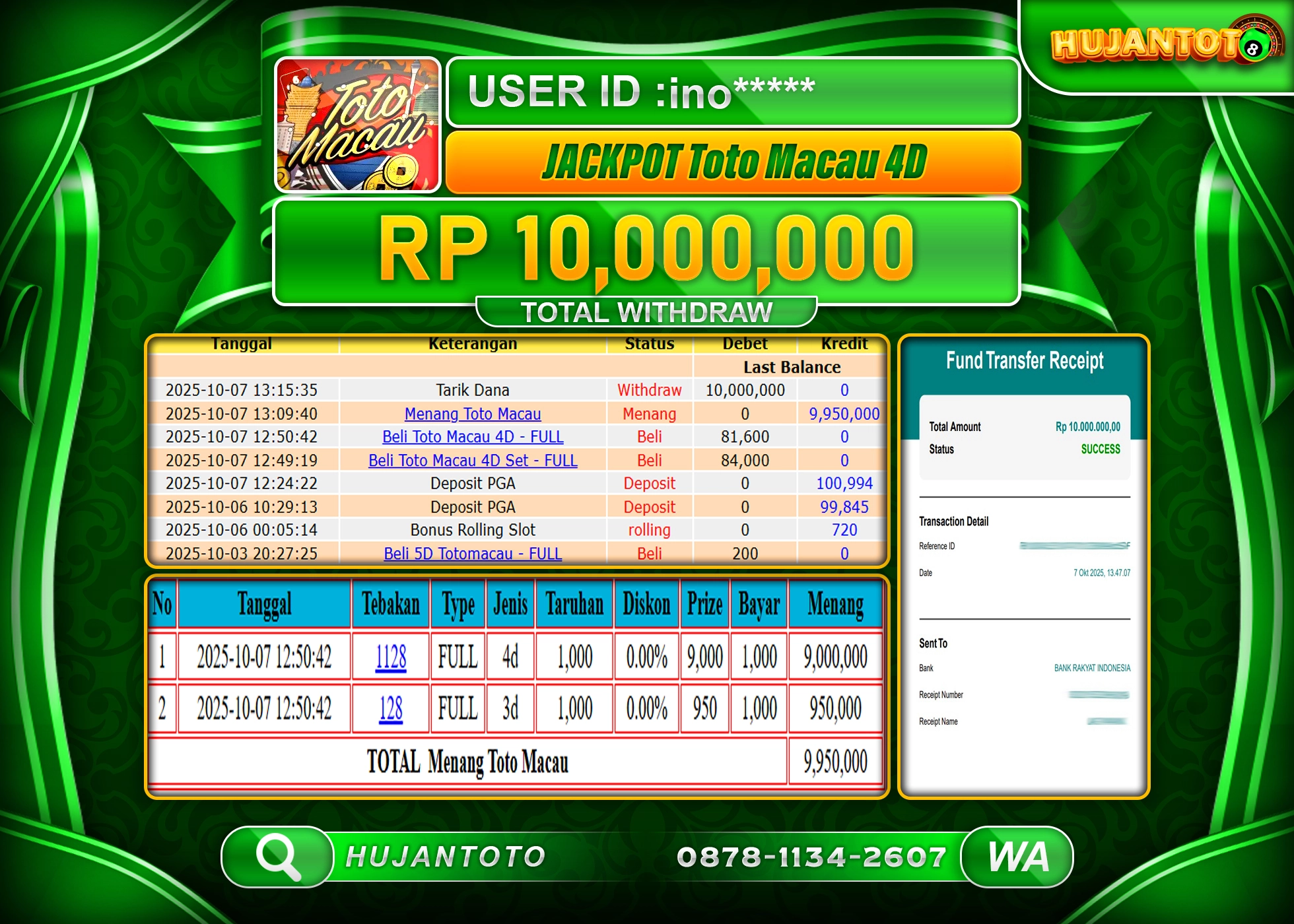 HUJANTOTO - BUKTI JACKPOT KEMENANGAN TOGEL TOTO MACAU 4D  Rp.10,000,000 - TERBAYAR LUNAS