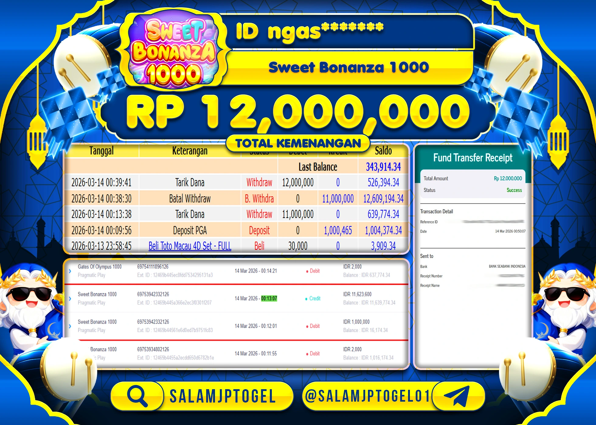SALAMJPTOGEL JACKPOT Sweet Bonanza 1000(Pragmatic) Rp.12,000,000 - LUNAS