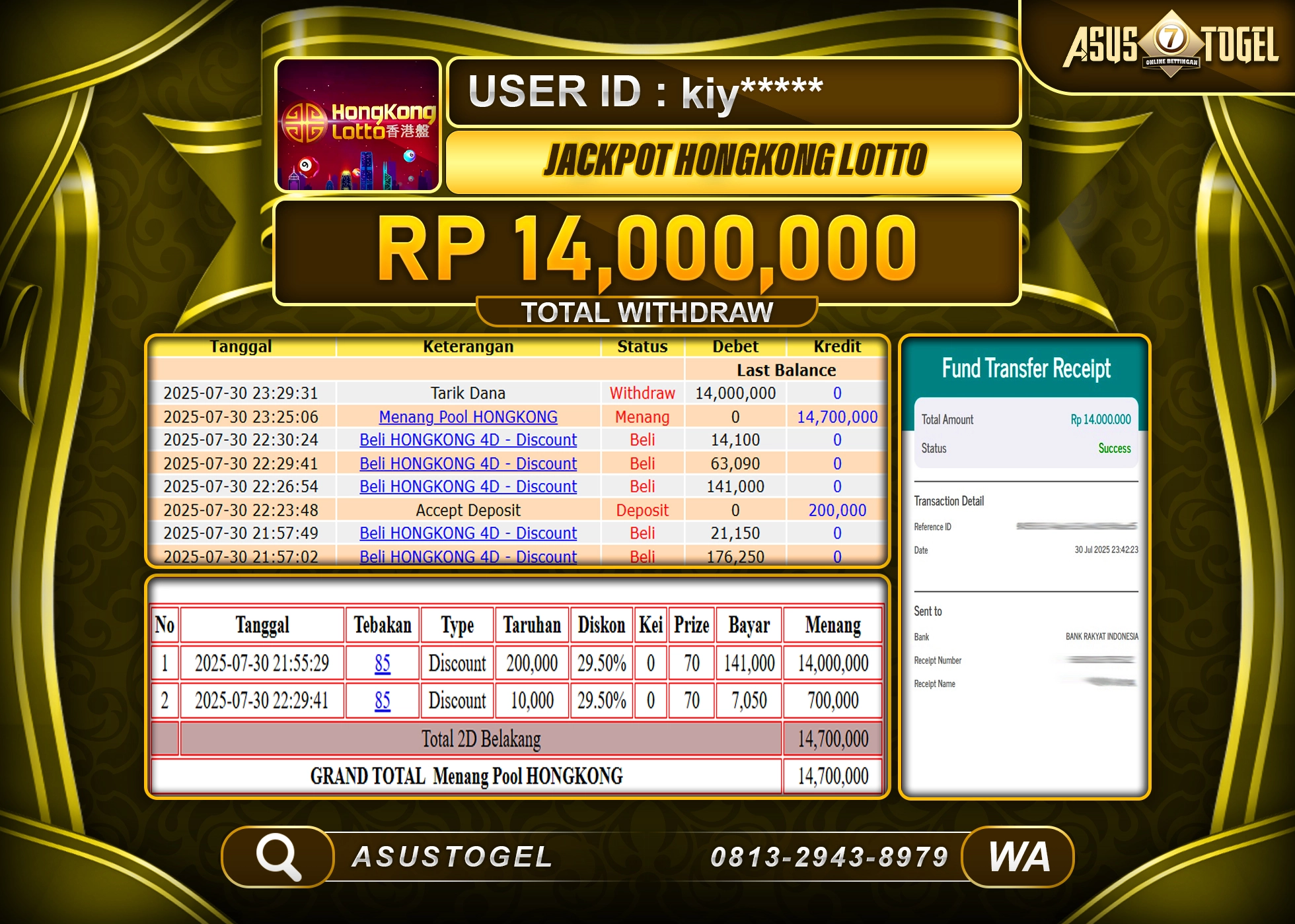 ASUSTOGEL KEMENANGAN DI TOGEL HONGKONG LOTTO SEBESAR 14,000,000- RUPIAH LUNAS