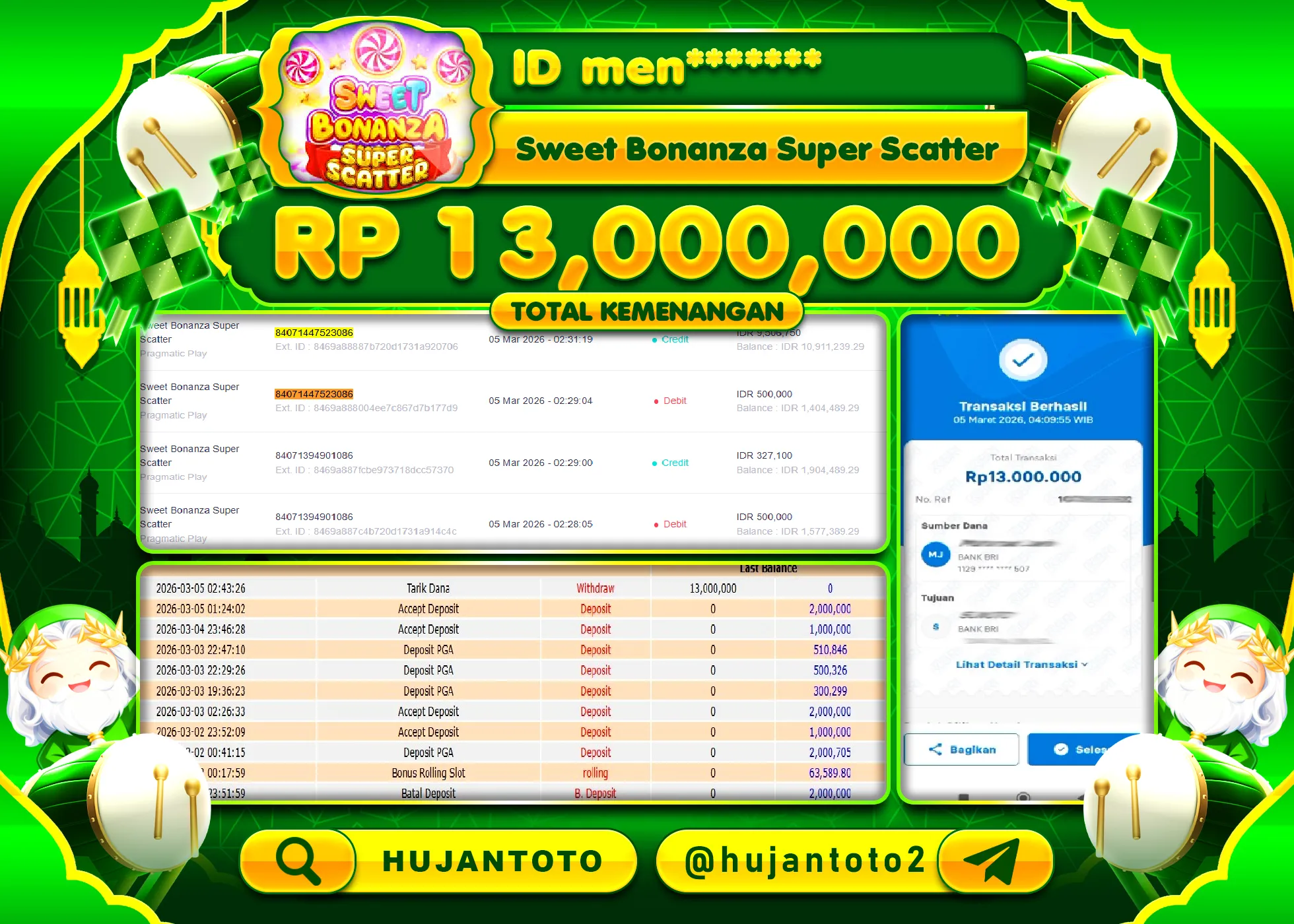 HUJANTOTO - BUKTI JACKPOT MENANG SLOT SWEET BONANZA SUPER SCATTER Rp.13,000,000 - TERBAYAR LUNAS