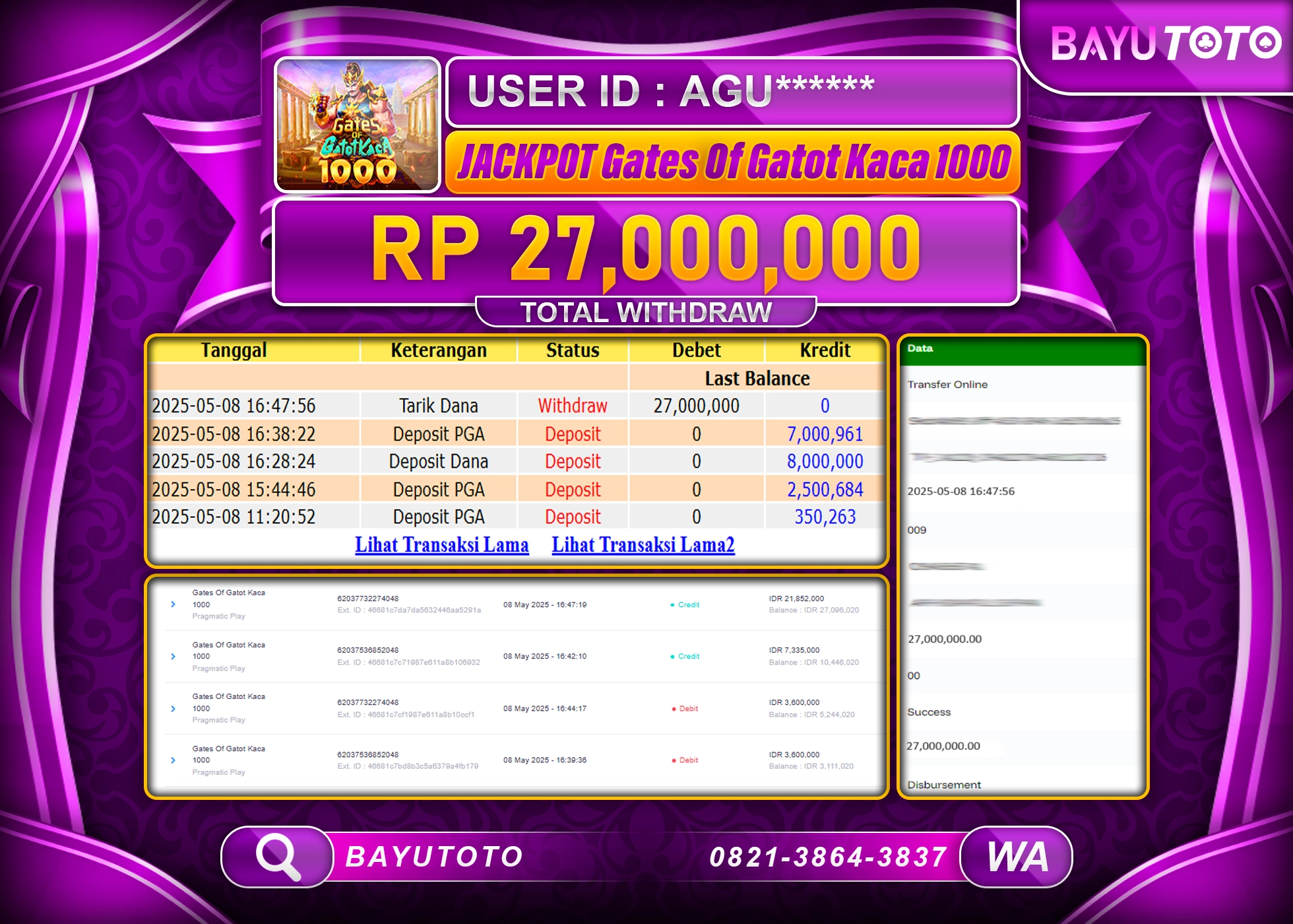 BAYUTOTO JACKPOT SLOT GATES OF GATOT KACA 1000Rp.27,000,000 LUNAS