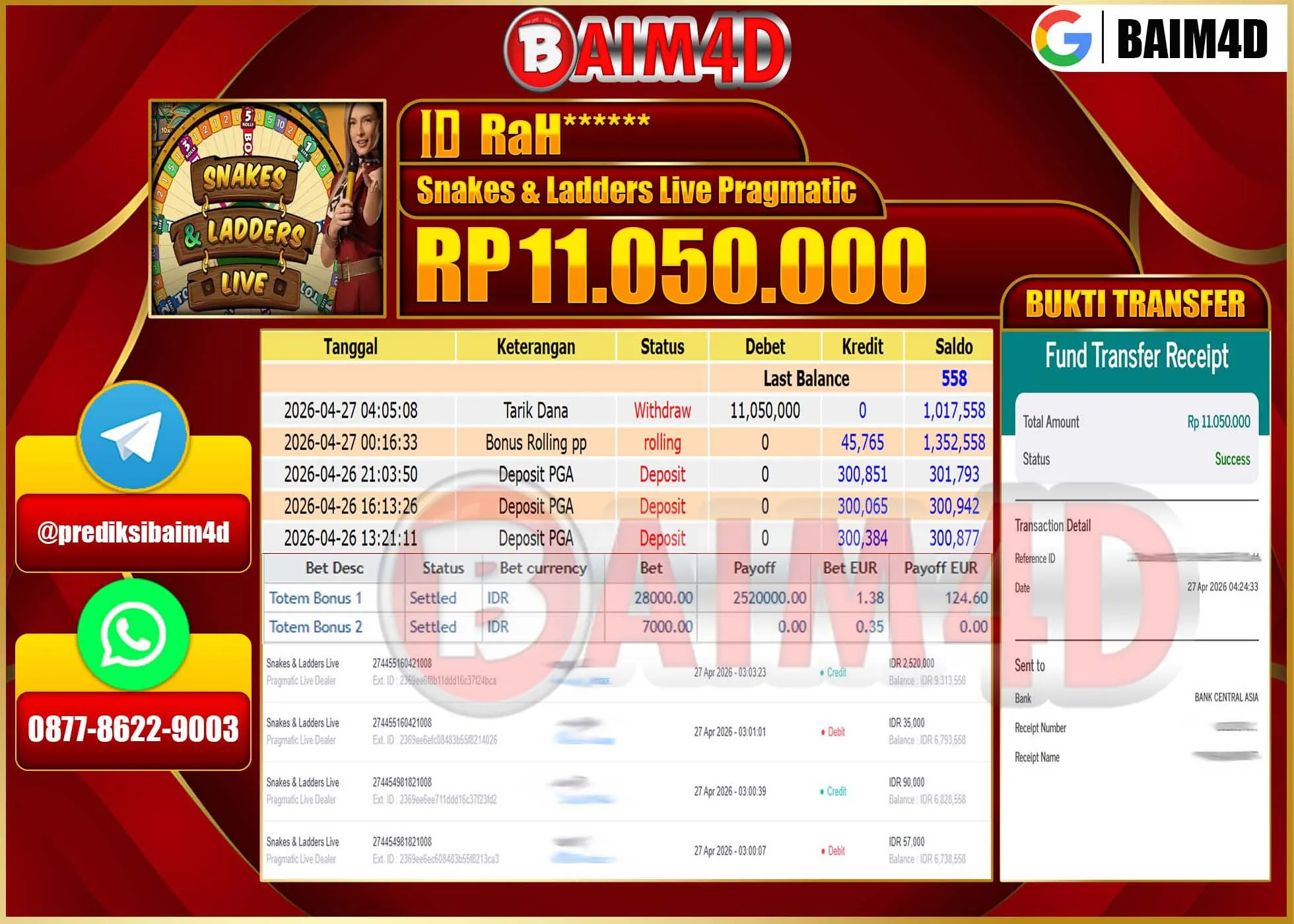 BAIM4D JACKPOT SLOT SNAKES & LADDER Rp.11,050,000 - LUNAS