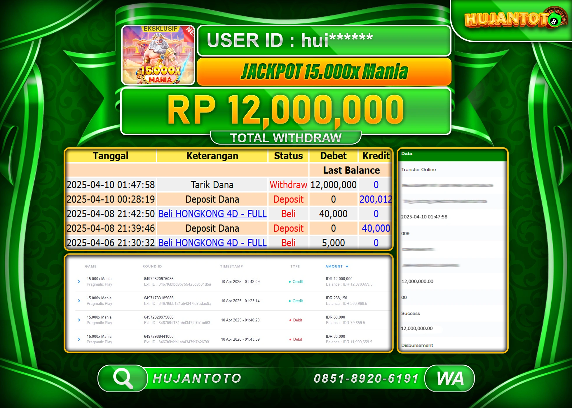 HUJANTOTO - BUKTI JACKPOT MENANG SLOT PRAGMATIC 15.000X MANIA Rp,12,000,000 - TERBAYAR LUNAS