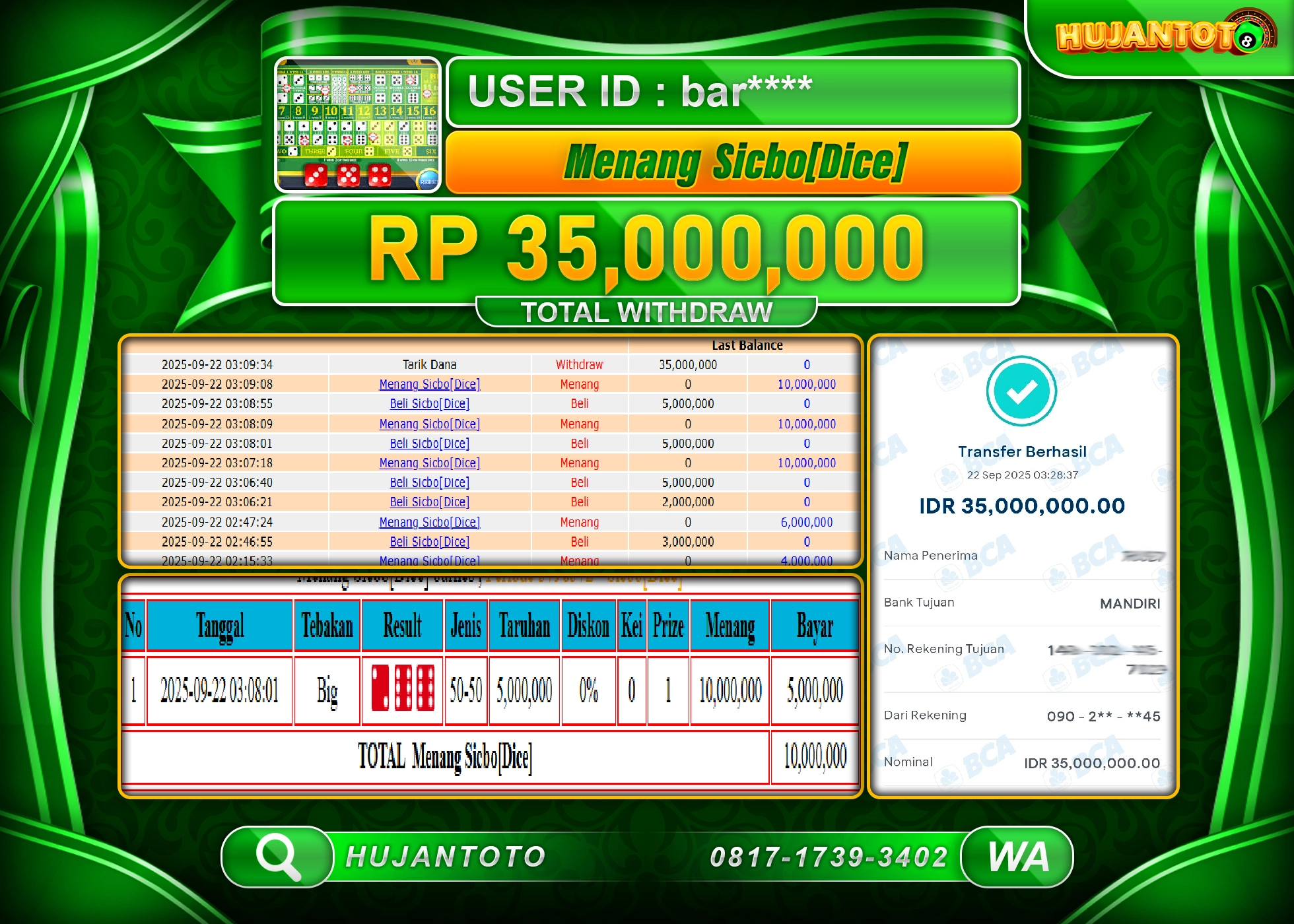 HUJANTOTO - BUKTI JACKPOT MENANG LIVE GAMES SICBO DICE Rp.35,000,000 - TERBAYAR LUNAS