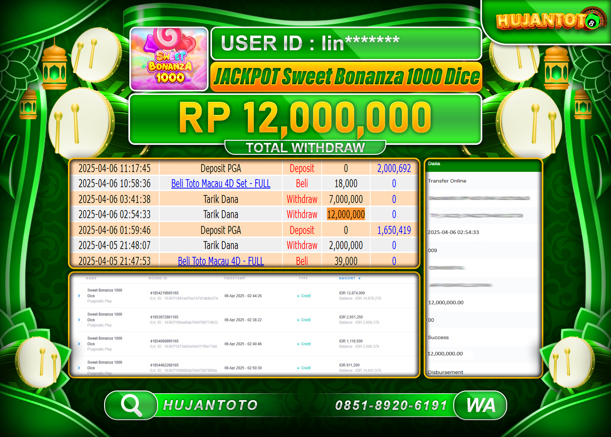 HUJANTOTO - BUKTI JACKPOT MENANG SLOT SWEET BONANZA 1000 Rp,12,000,000 - TERBAYAR LUNAS