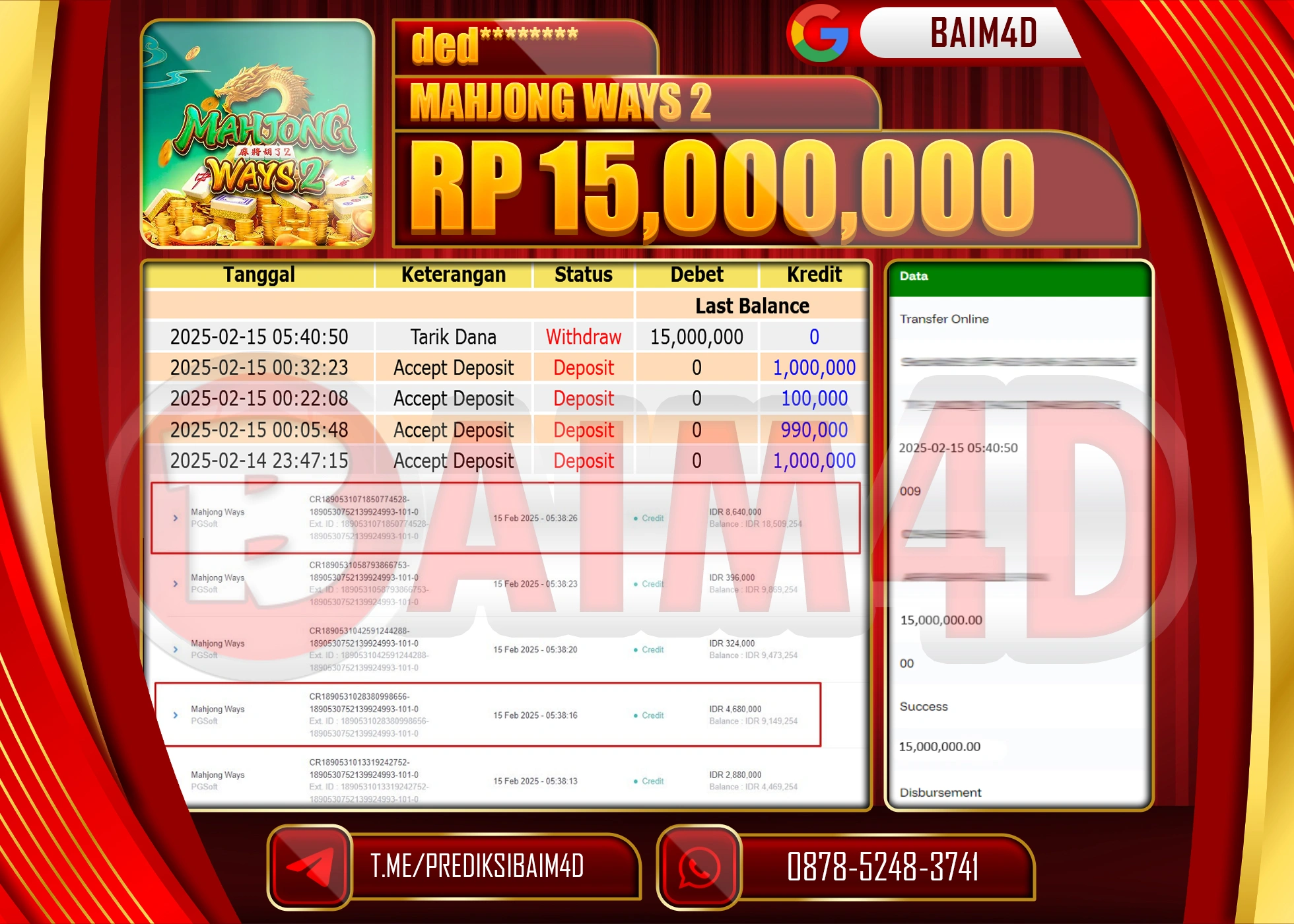 BAIM4D MENANG JACKPOT MAHJONG WAYS 2  Rp.15.000,000.