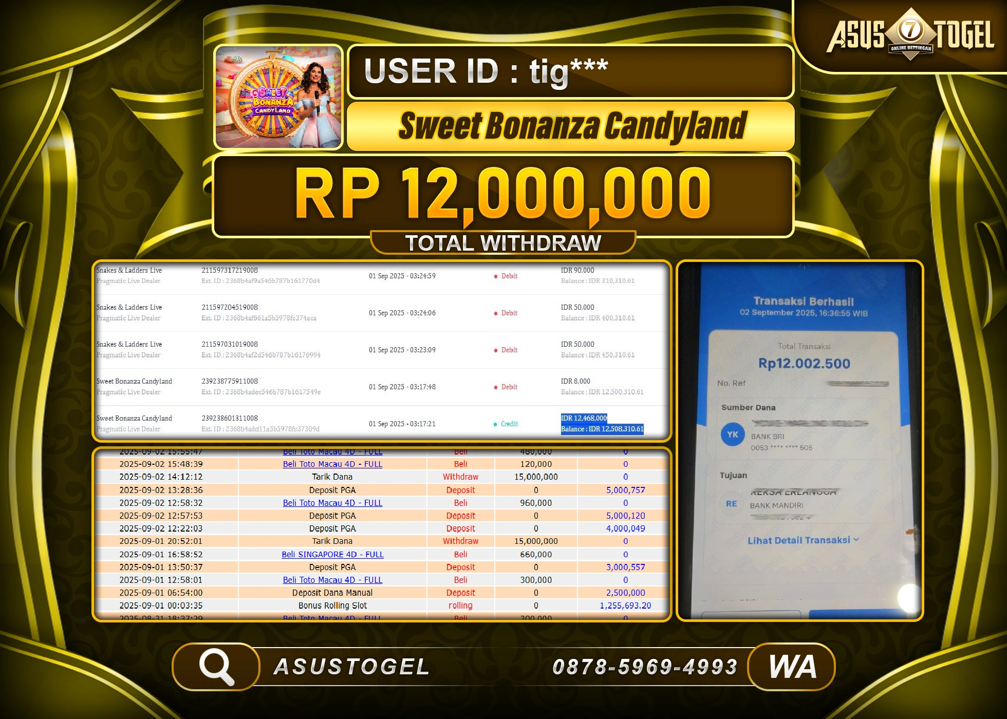 ASUSTOGEL KEMENANGAN DI SWEET BONANZA CANDYLAND SEBESAR 12,000,000- RUPIAH LUNAS