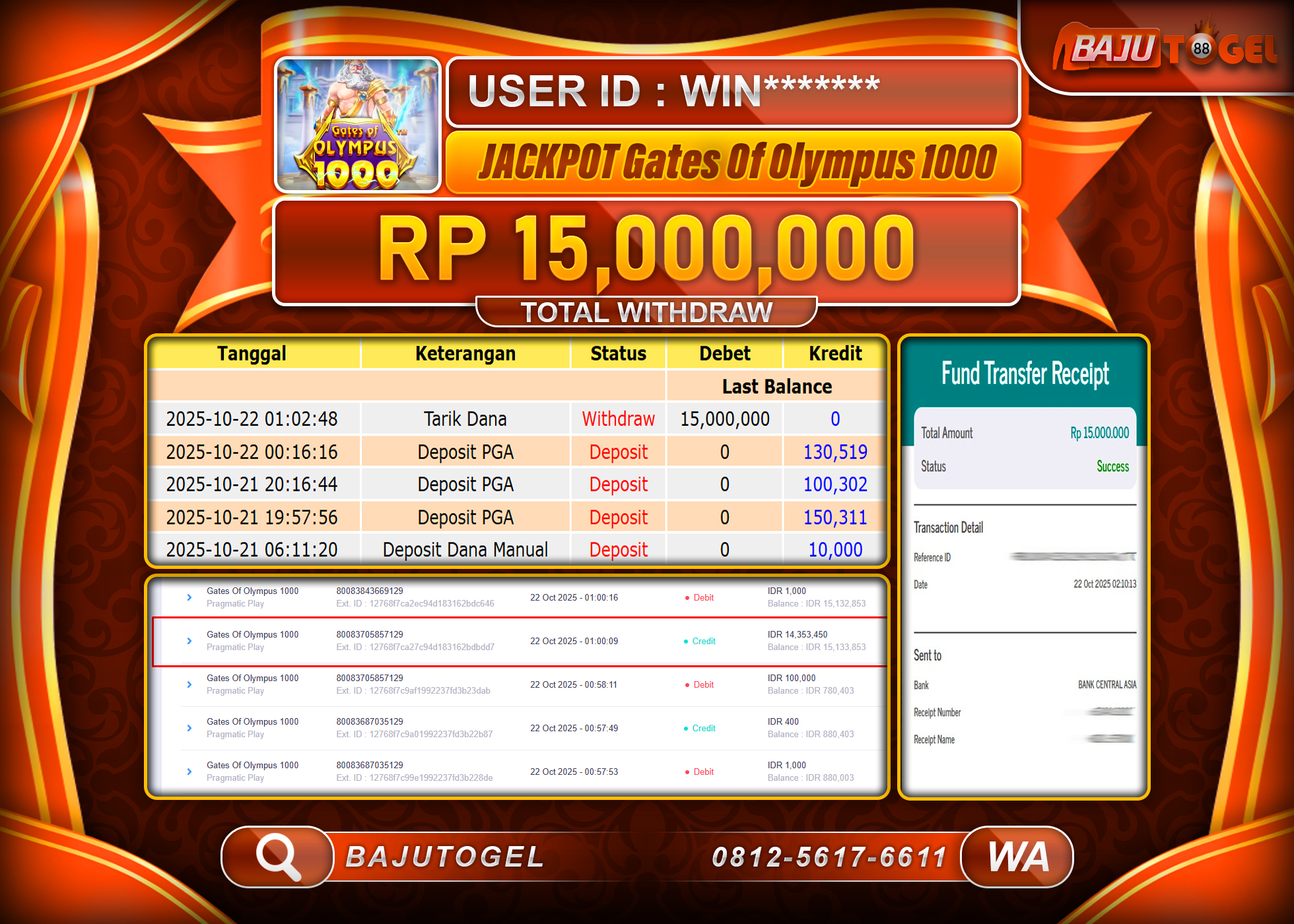 BAJUTOGEL KEMENANGAN  DI  SLOT GATES OF OLYMPUS 1000 Rp.15,000,000 LUNAS