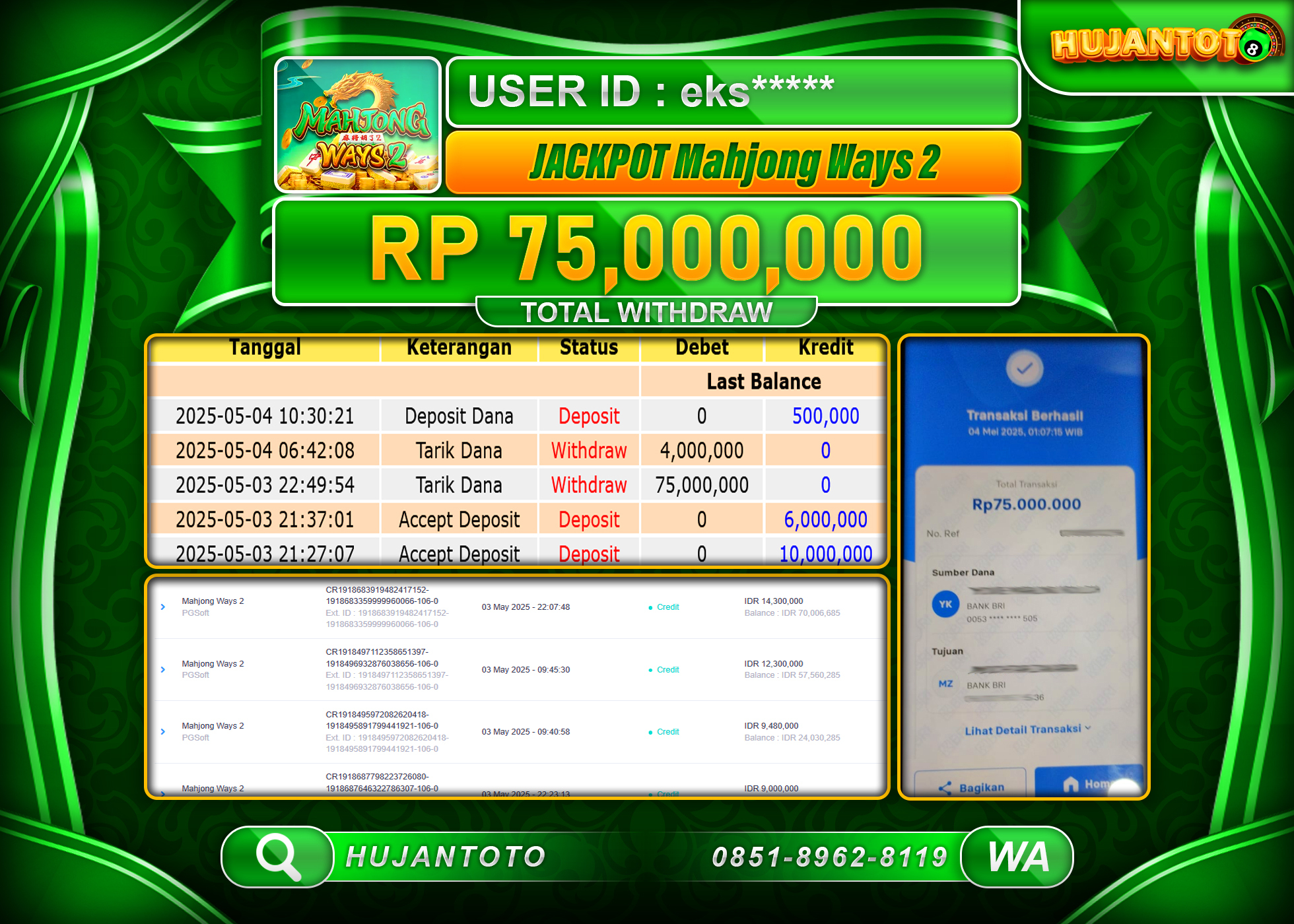 HUJANTOTO - BUKTI JACKPOT MENANG GAME SLOT MAHJONG WAYS 2 Rp,75,000,000- TERBAYAR LUNAS