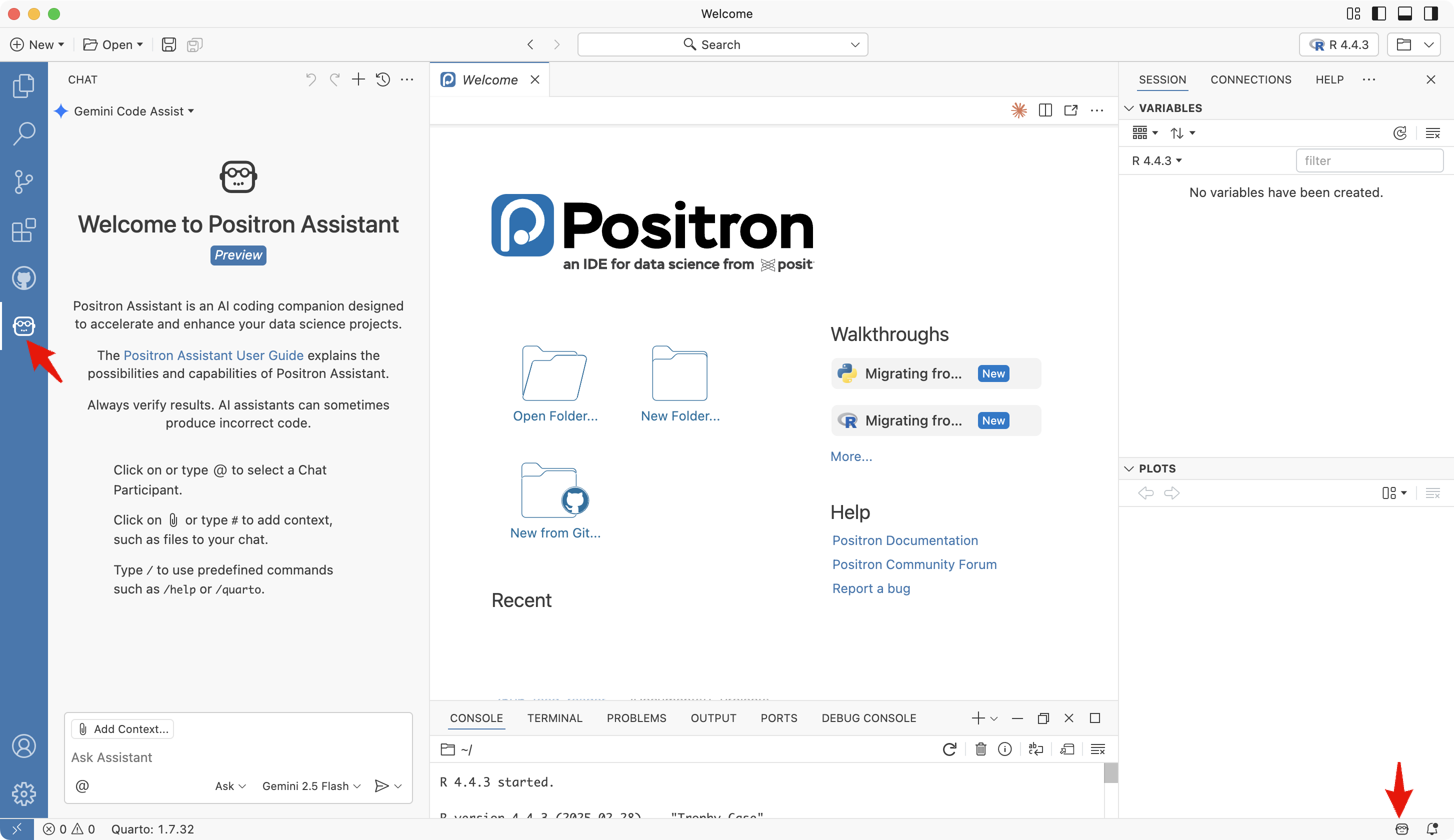 赤色矢印で示すアイコンがPosit Assistant