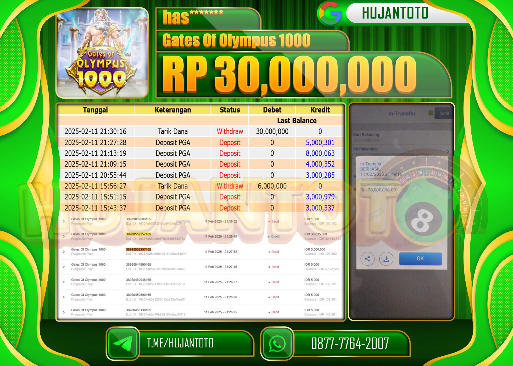 HUJANTOTO - BUKTI JACKPOT MENANG SLOT GATES OF OLYMPUS 1000 Rp,30,000,000 - TERBAYAR LUNAS