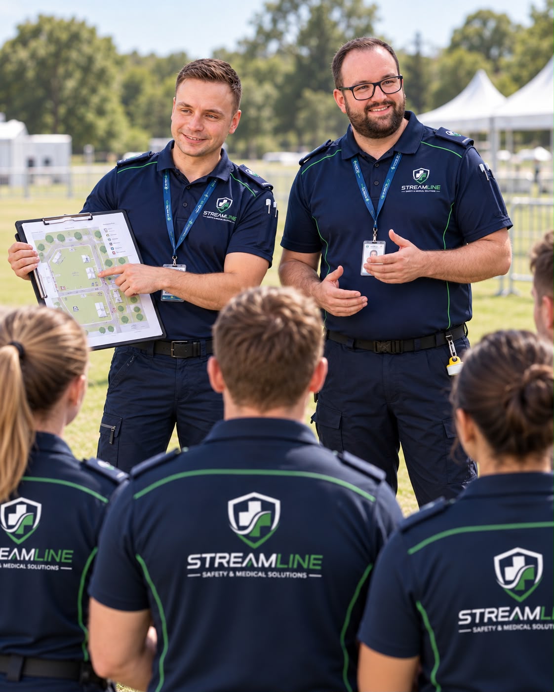 Streamline team briefing with the site plan and branded shirts visible