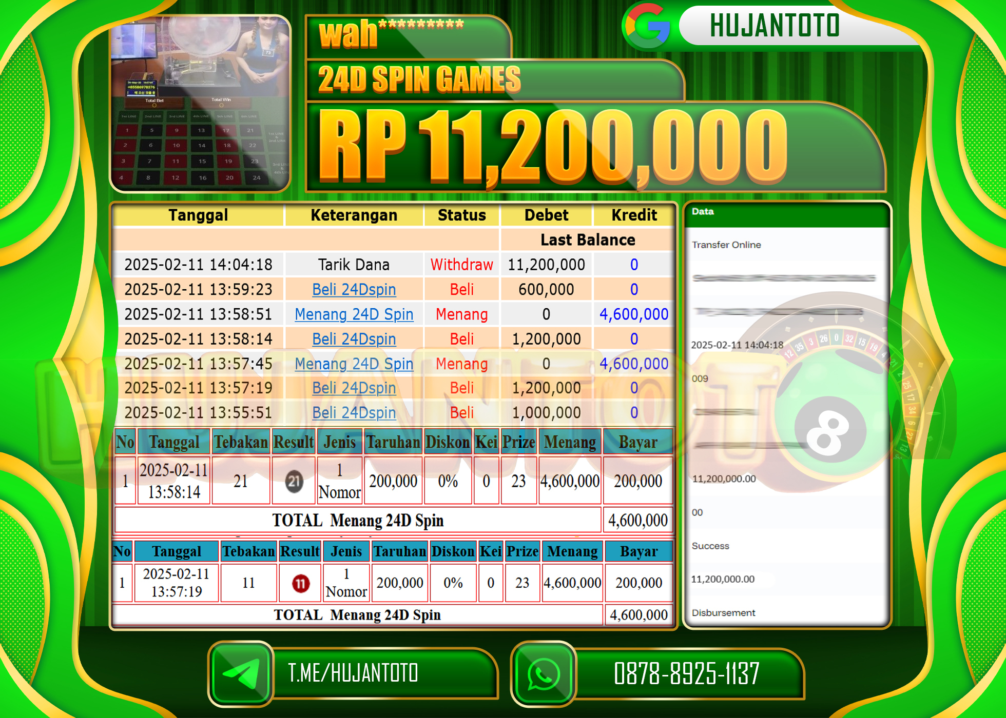 HUJANTOTO - BUKTI JACKPOT MENANG LIVEGAMES 24D SPIN Rp,11,200,000  - TERBAYAR LUNAS