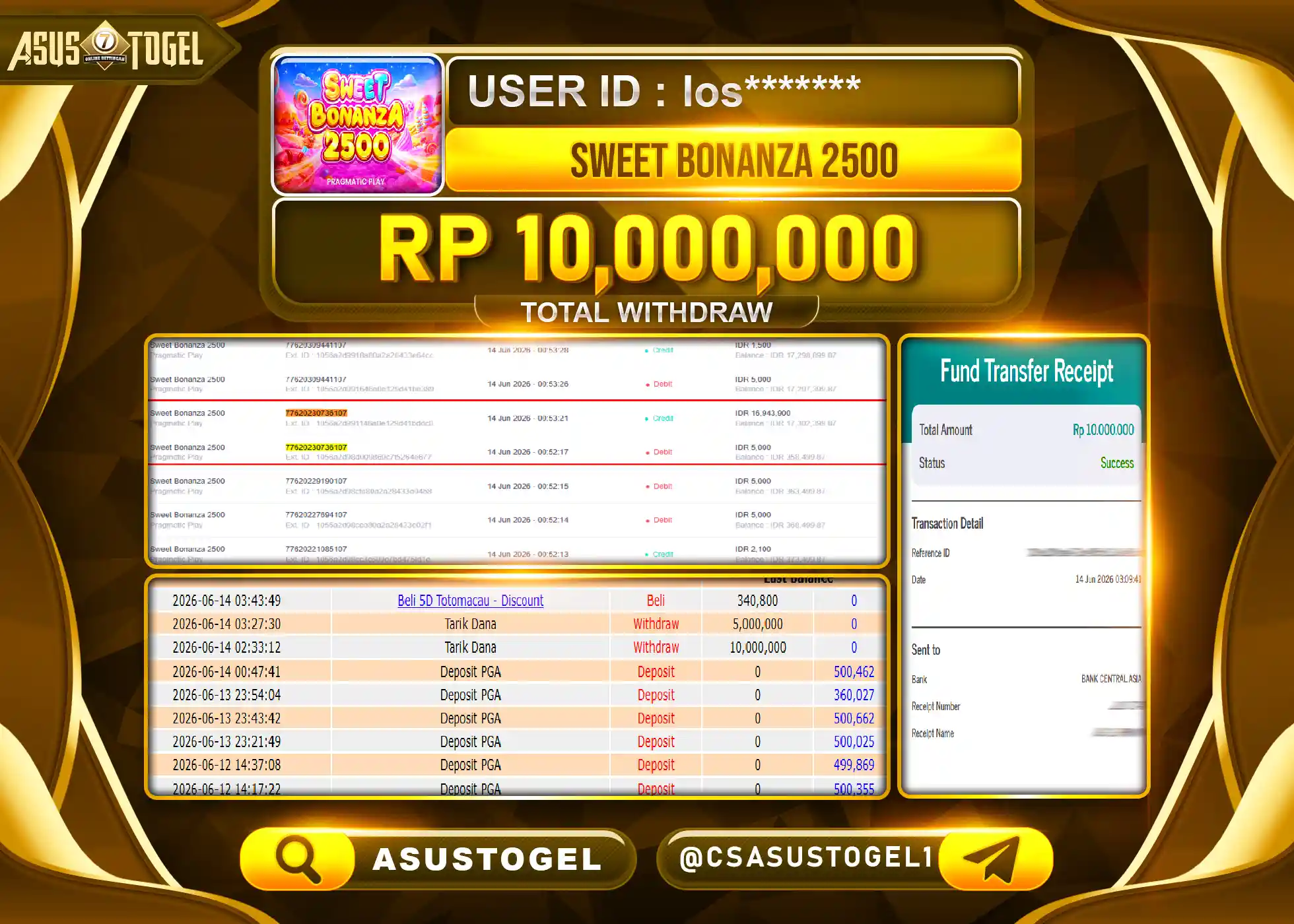 ASUSTOGEL KEMENANGAN JACKPOT PERMAINAN SLOT SWEET BONANZA 2500 Rp.10,000,000 - RUPIAH LUNAS