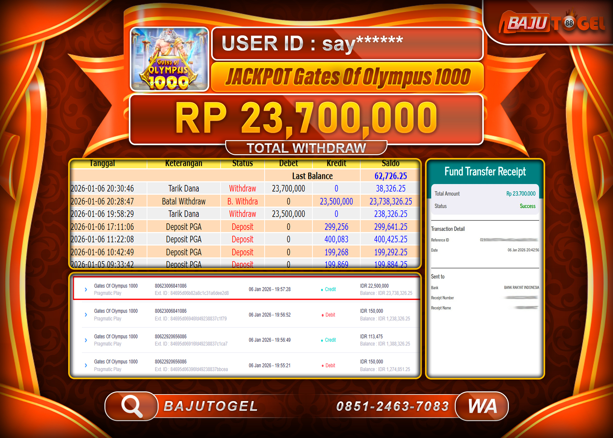 BAJUTOGEL KEMENANGAN DI PRAGMATIC GATES OF OLYMPUS 1000 Rp.23,700,000 LUNAS