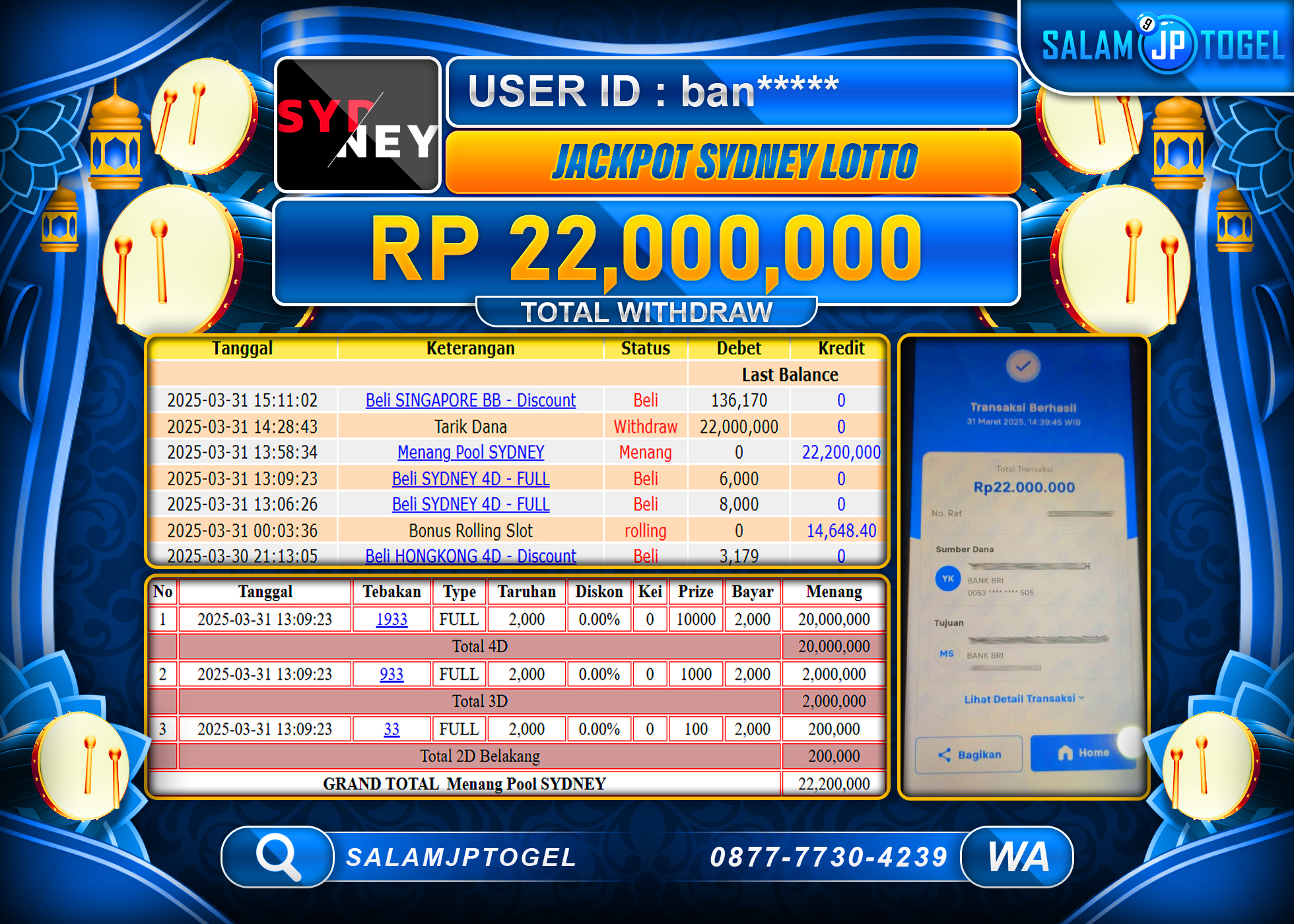 SALAMJPTOGEL MENANG SYDNEY LOTTO  Rp. 22,000,000 LUNAS