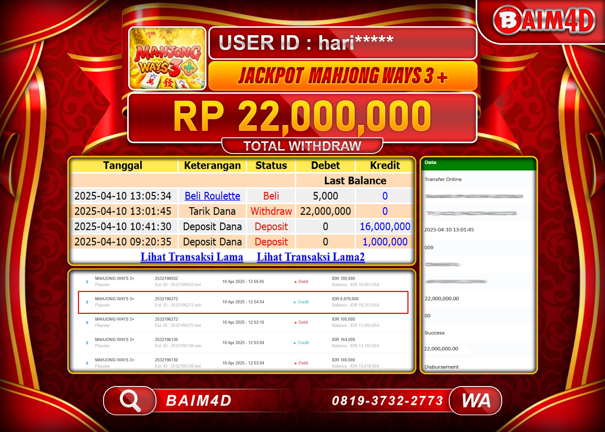 BAIM4D  MENANG  JACKPOT MAHJONG 3 Rp.22.000,000.- LUNAS
