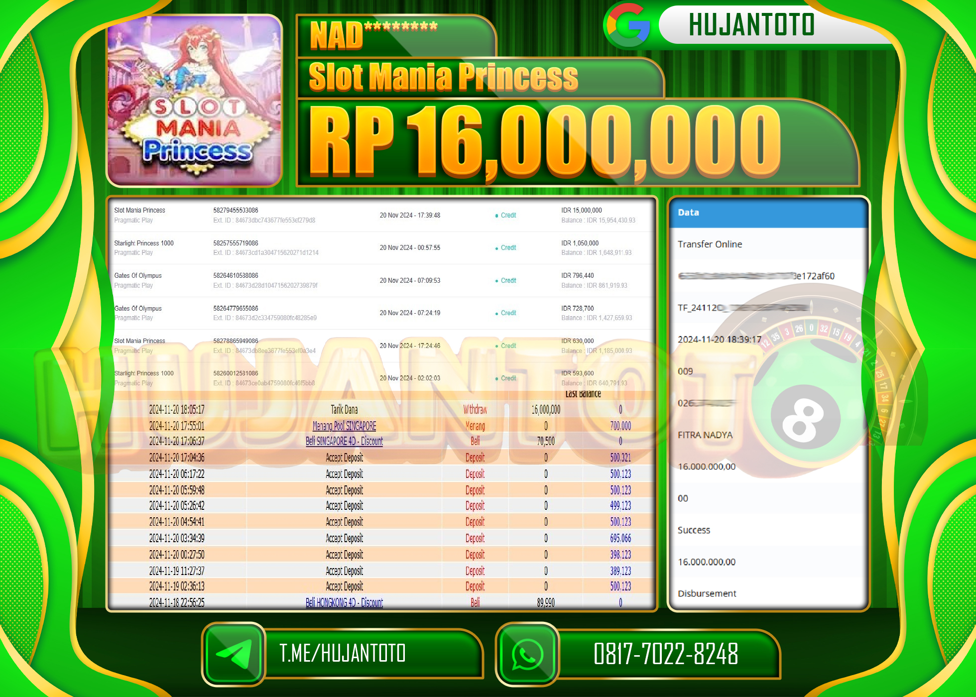 HUJANTOTO KEMENANGAN BESAR DI SLOT MANIA PRINCESS SEBESAR  - 16,000,000 - LUNAS