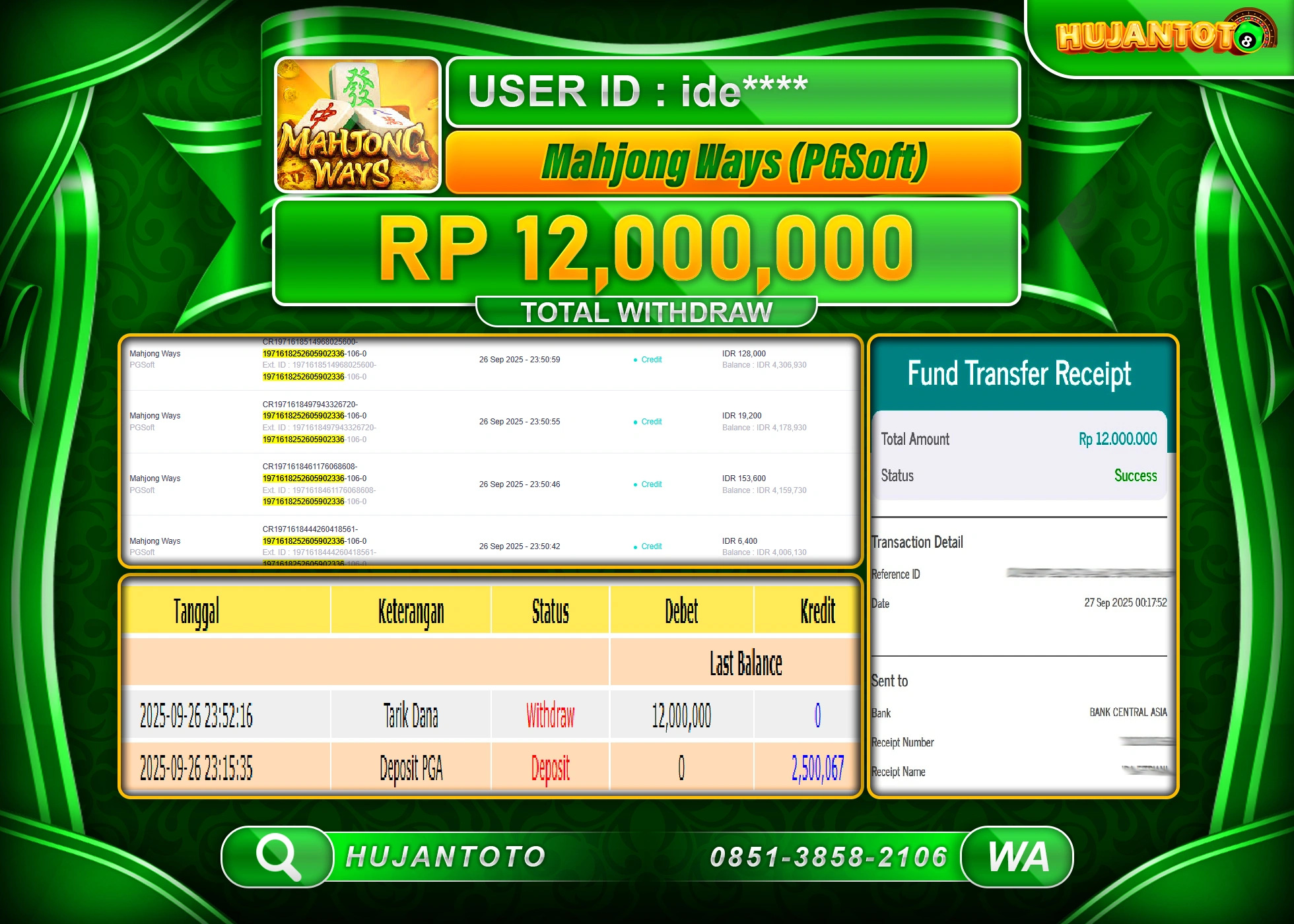 HUJANTOTO - BUKTI JACKPOT MENANG SLOT MAHJONG WAYS Rp.12,000,000 - TERBAYAR LUNAS
