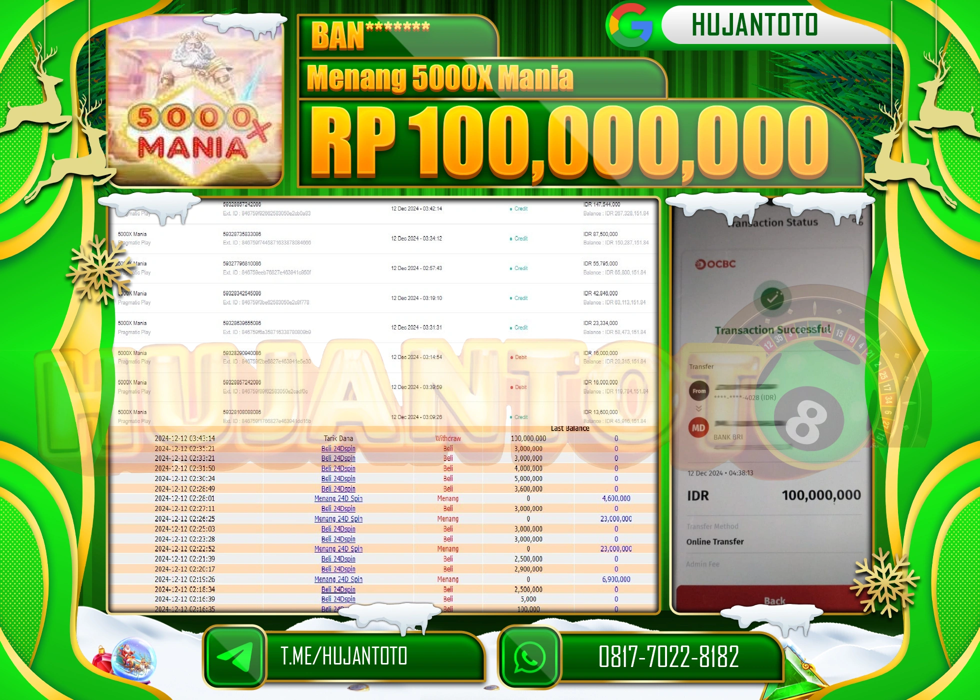 HUJANTOTO  KEMENANGAN BESAR YANG DI RAIH DI PERMAINAN SLOT MENANG 5000 X MANIA SEBESAR - 100,000,00- TERBAYAR LUNAS